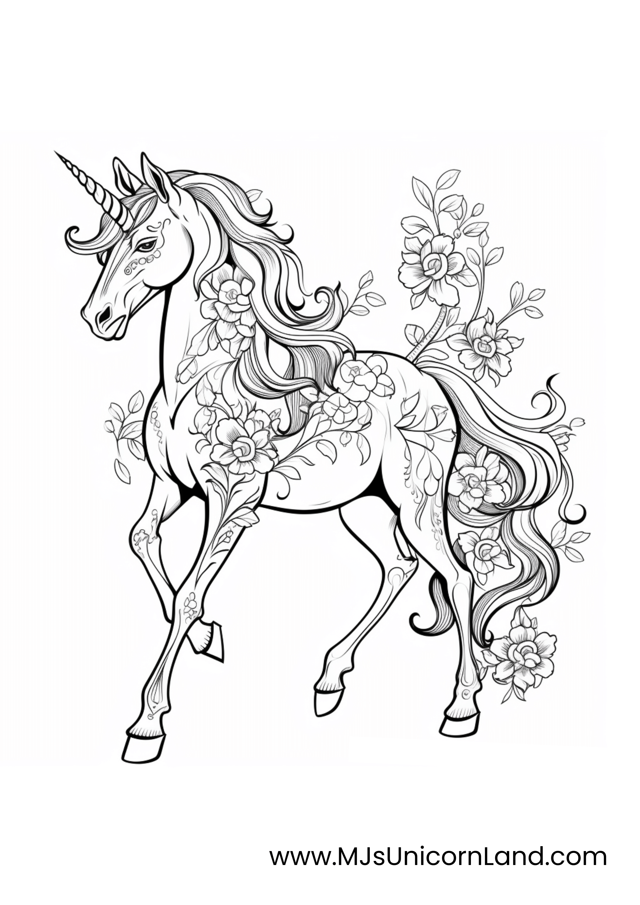 An elegant coloring page of a majestic unicorn with vines and intricate flowers intertwined with its body and mane.