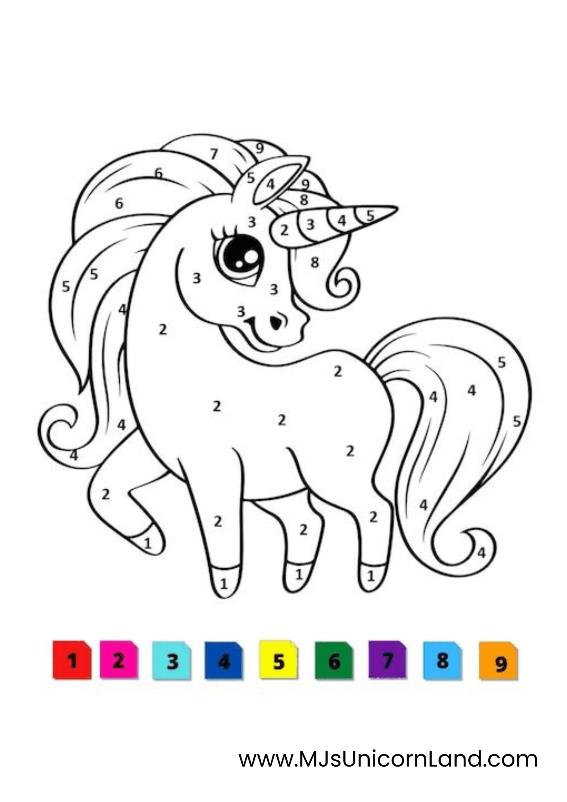 A unicorn color-by-number activity page with numbers on the drawing and a color chart at the bottom.