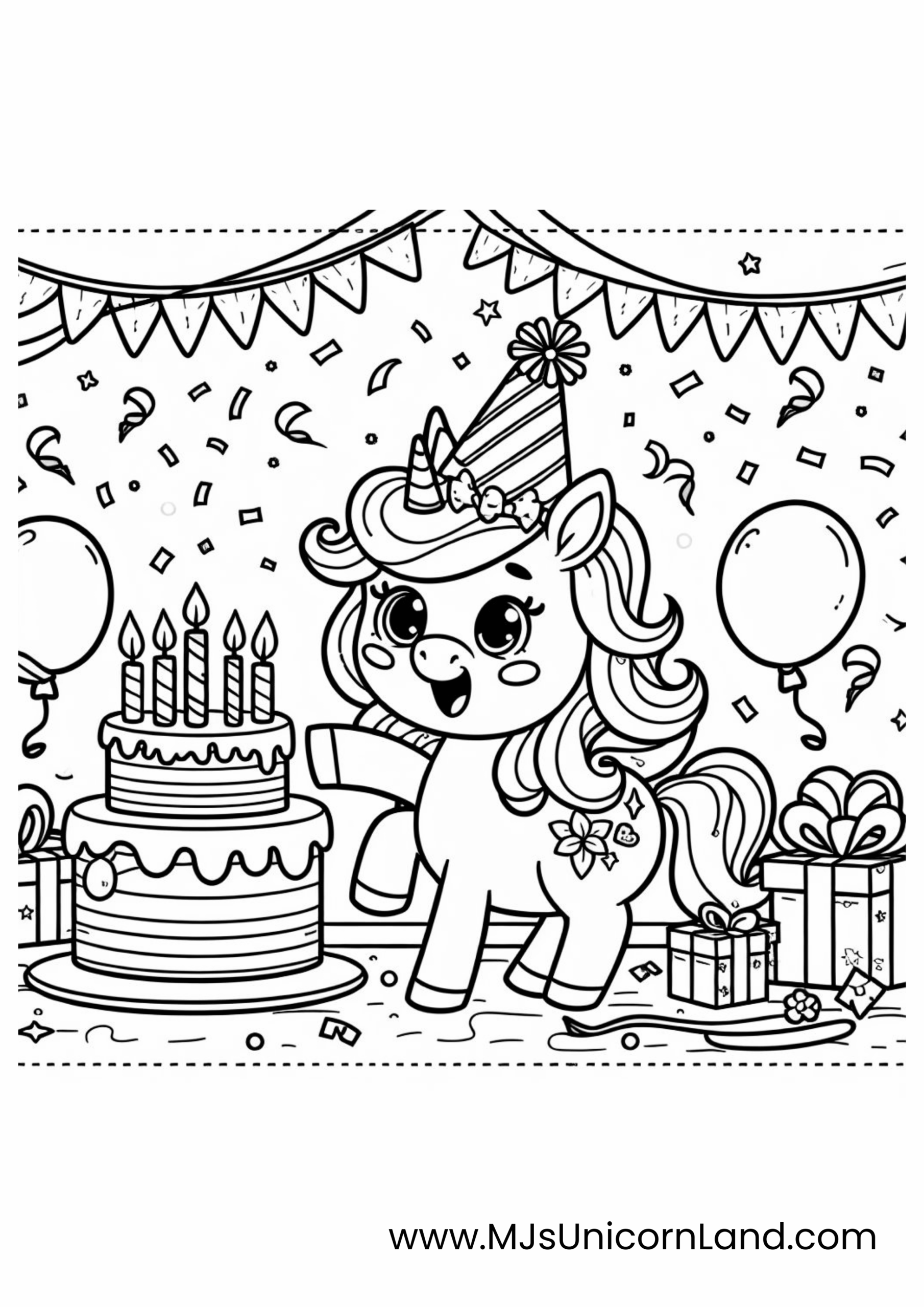 A coloring page of a happy unicorn girl with a beautiful birthday cap, standing next to a two-tiered cake with many candles, surrounded by two large balloons, gifts, and party decorations.