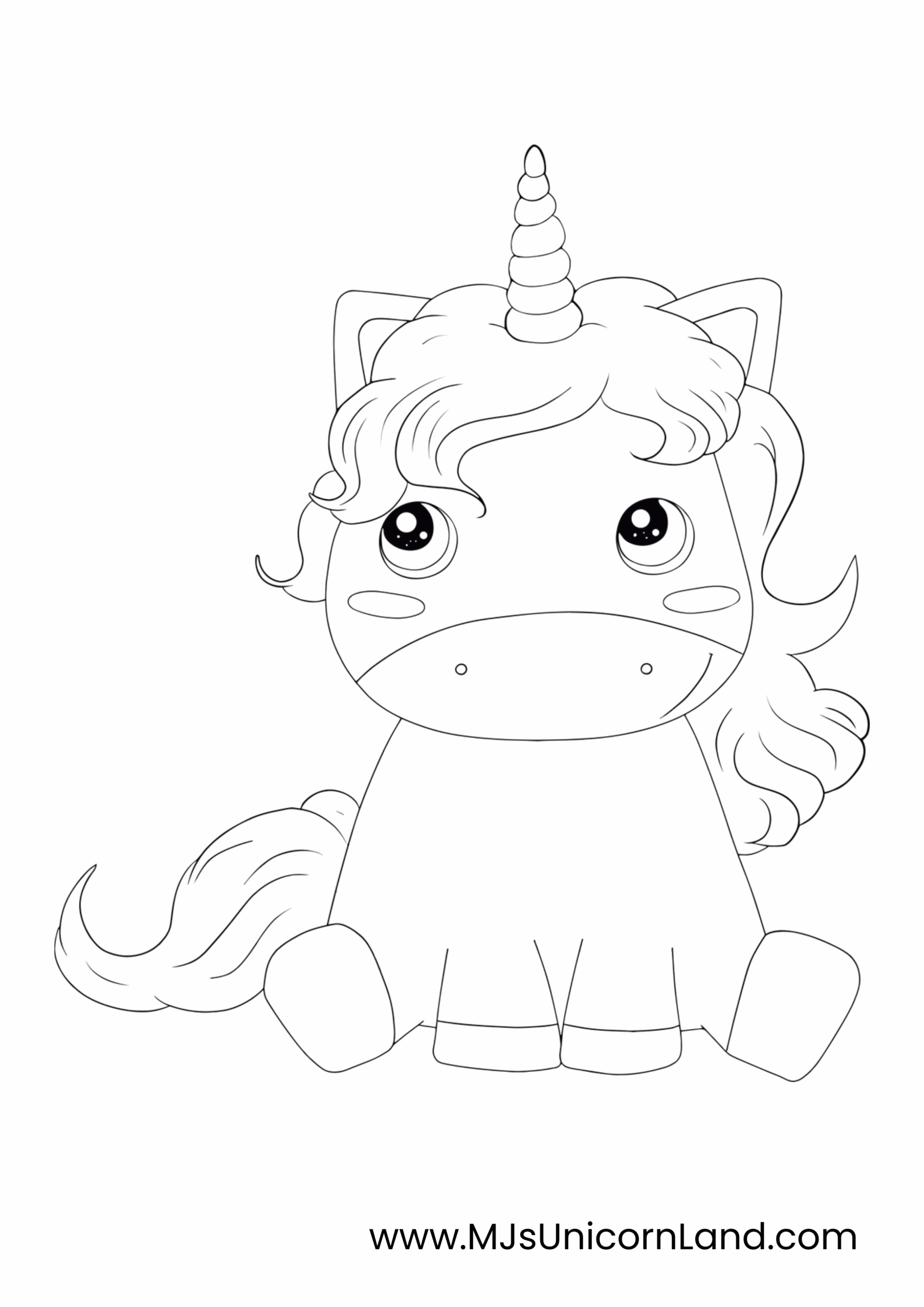 A line art coloring page of a cute baby unicorn sitting down, with a sad expression and large, watery eyes.