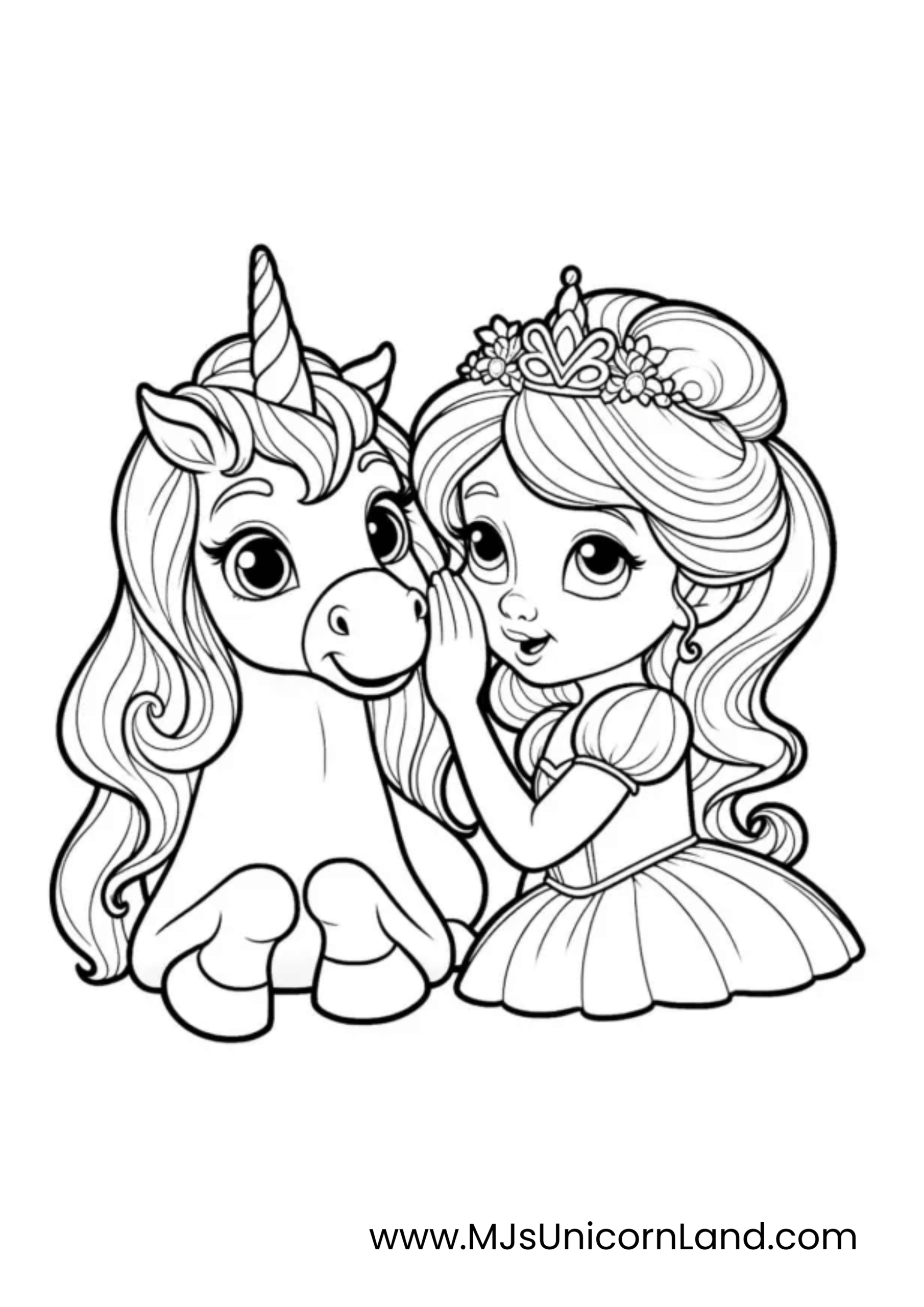  A line art coloring page of a cute princess with a crown and her unicorn friend. The princess is whispering a secret into the unicorn's ear.