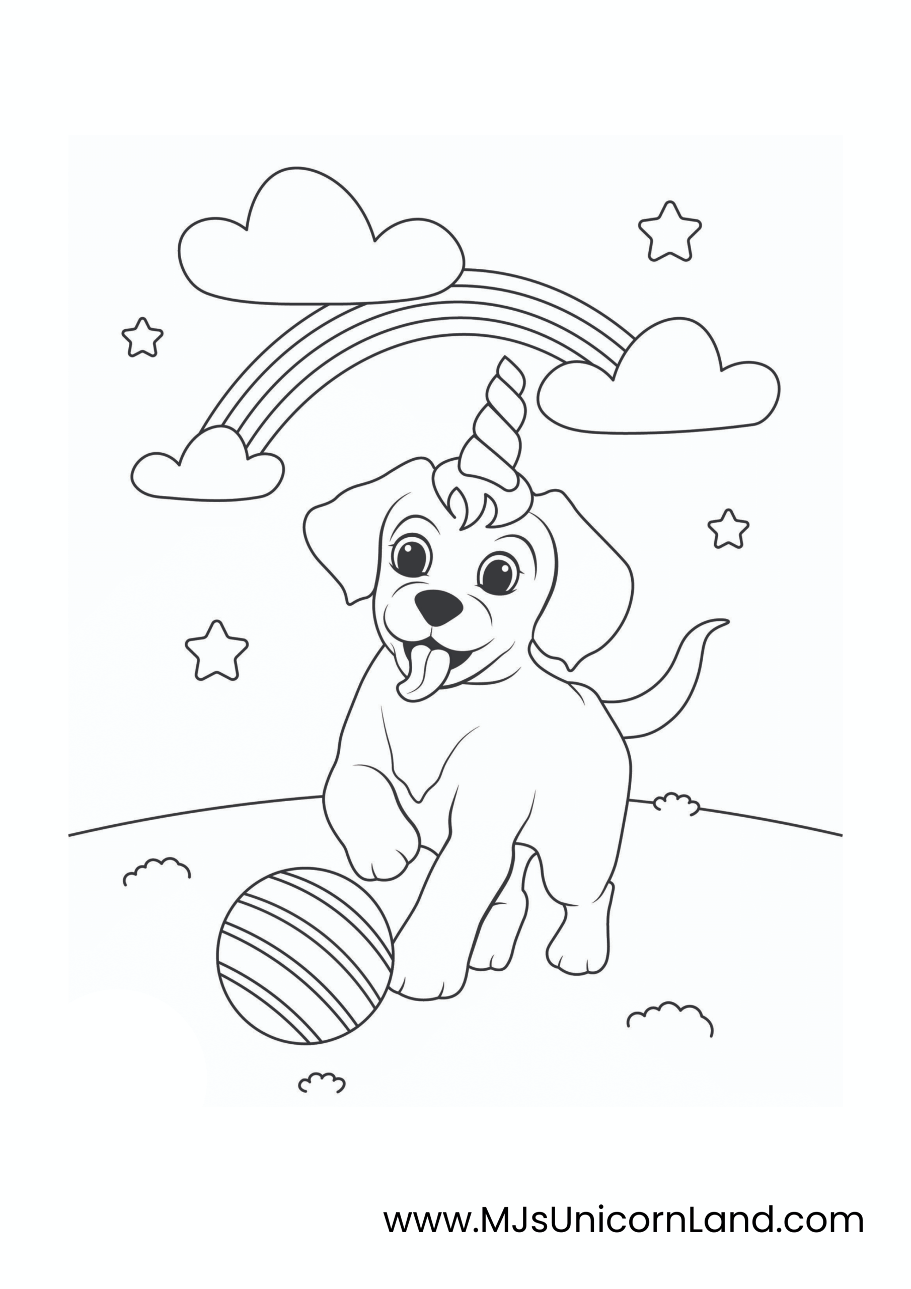 A line art coloring page of a happy unicorn dog playing with a striped ball in a grassy field, with clouds, stars, and a rainbow in the background.
