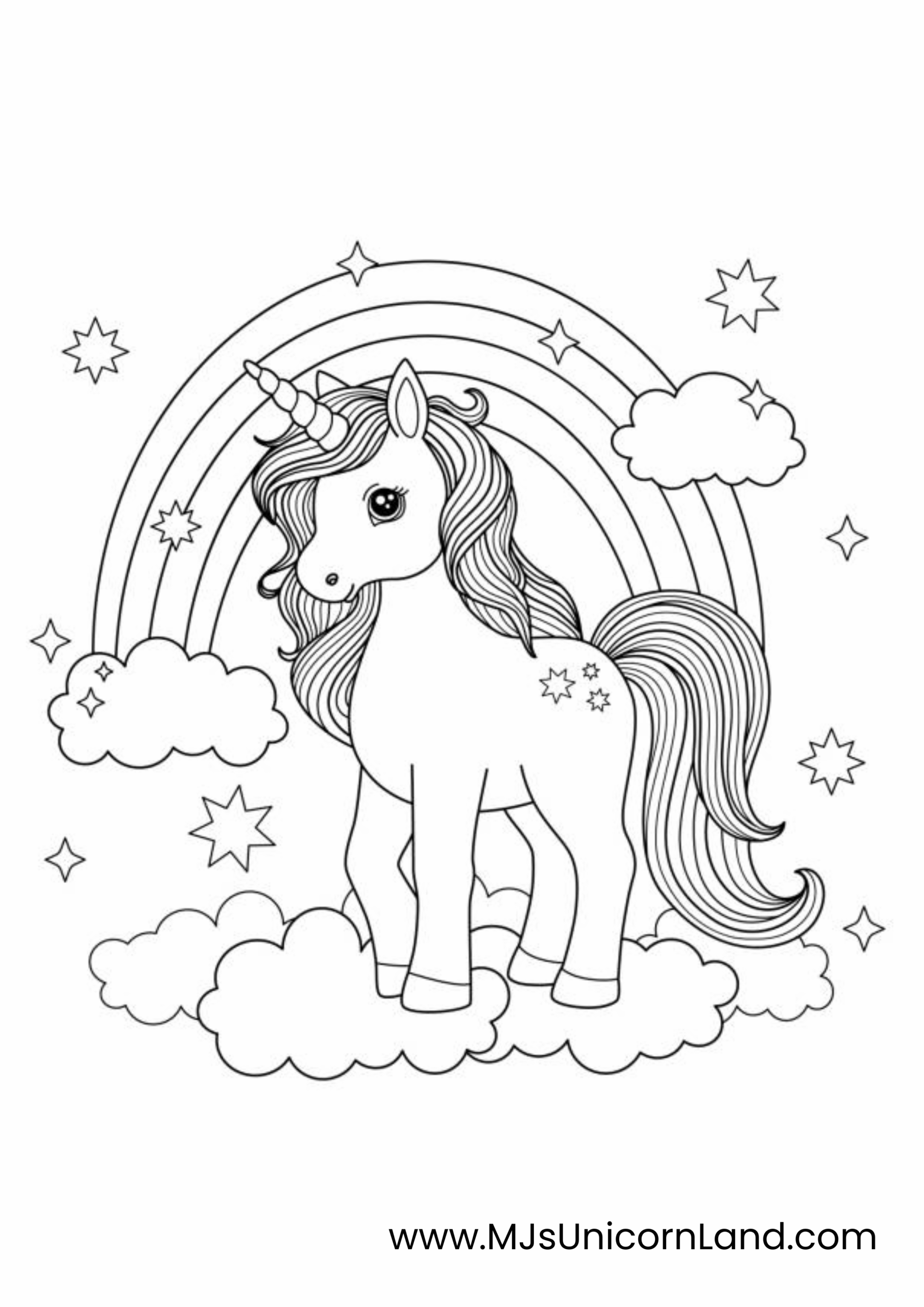 A charming coloring page featuring a unicorn standing on clouds under a beautiful rainbow with sparkling stars.
