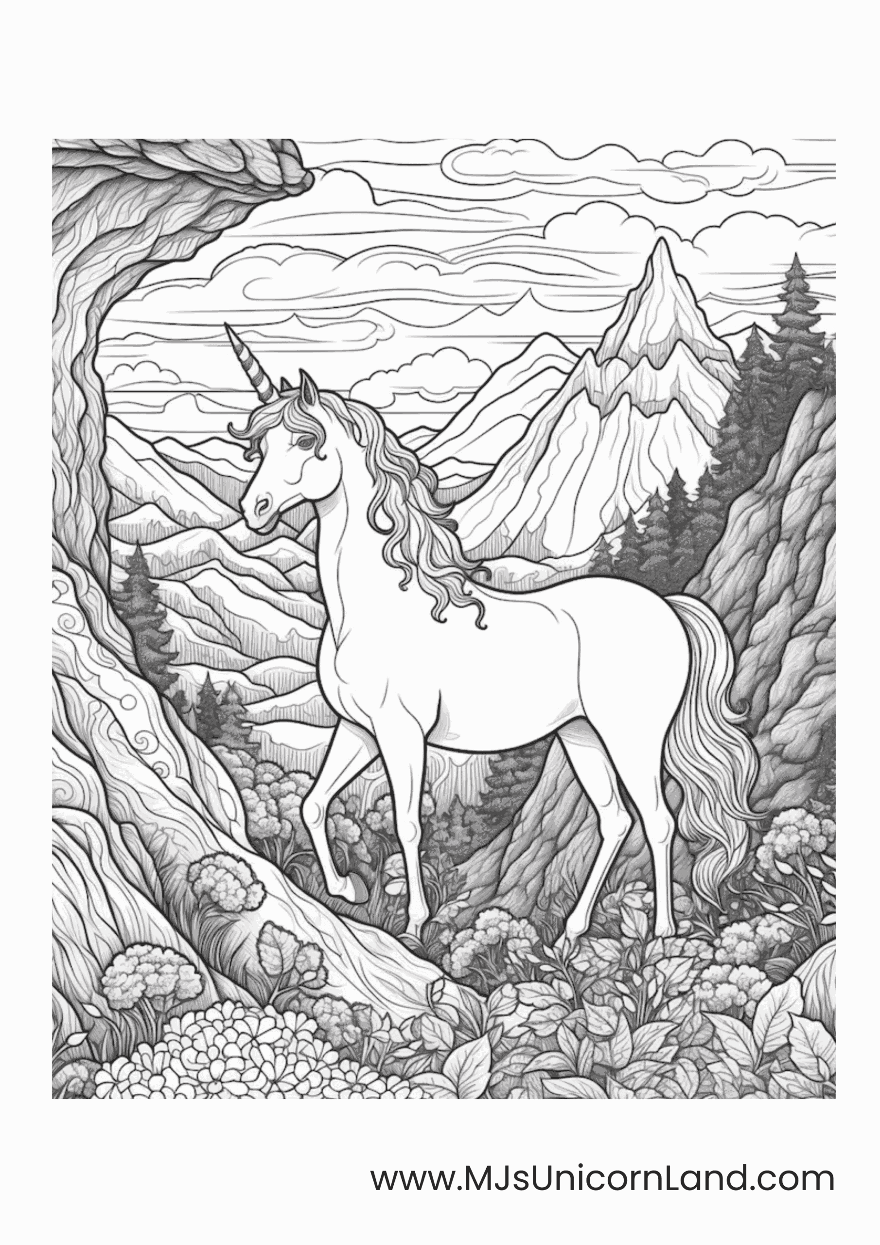 A fantasy landscape coloring page featuring a realistic unicorn standing in a dramatic, highly detailed mountain valley with trees and cliffs.