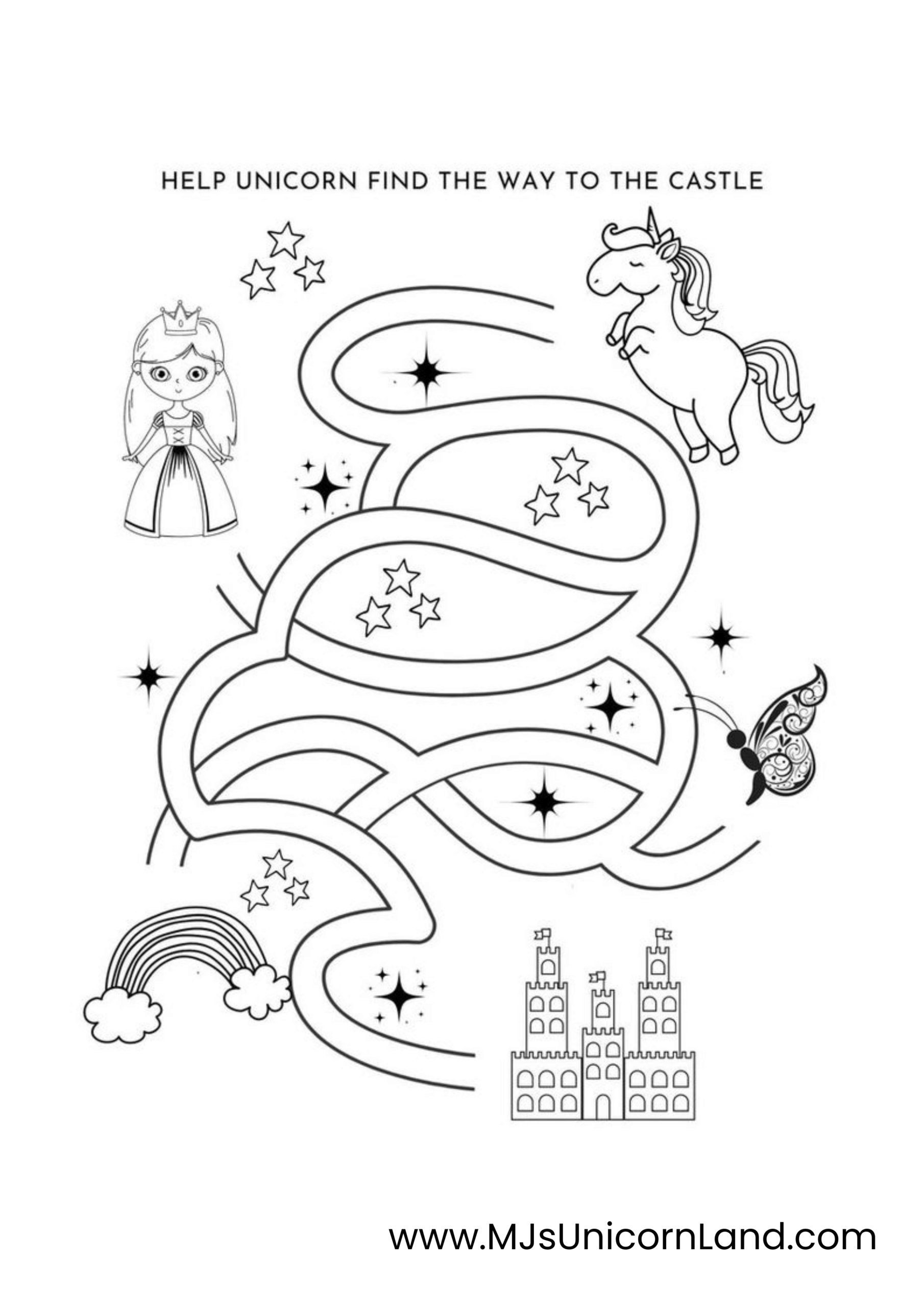 A unicorn maze activity sheet where kids help a unicorn find its way to a castle.