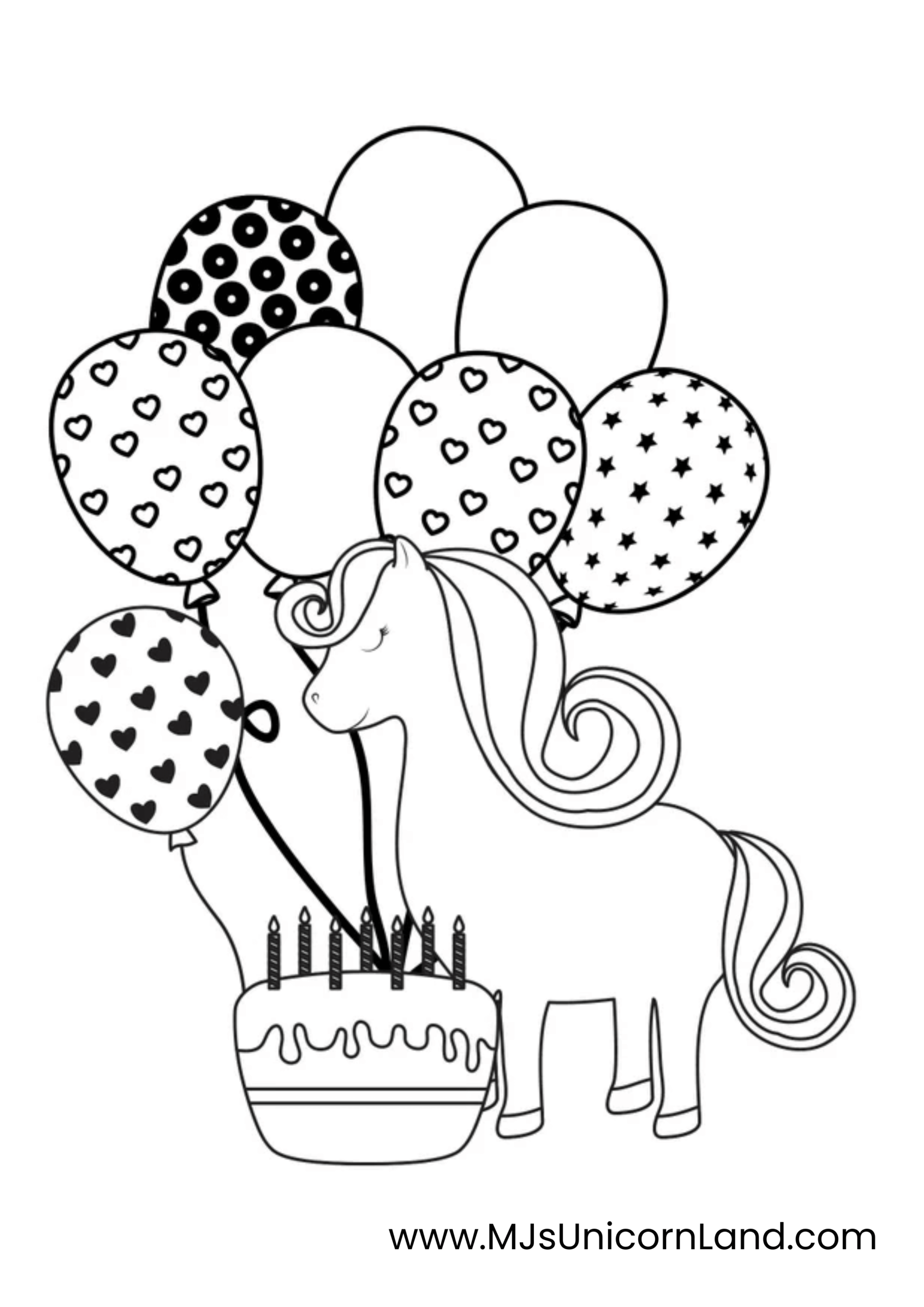 A peaceful unicorn with closed eyes, surrounded by many balloons decorated with hearts, stars, and circles, standing next to a birthday cake with many candles on top.
