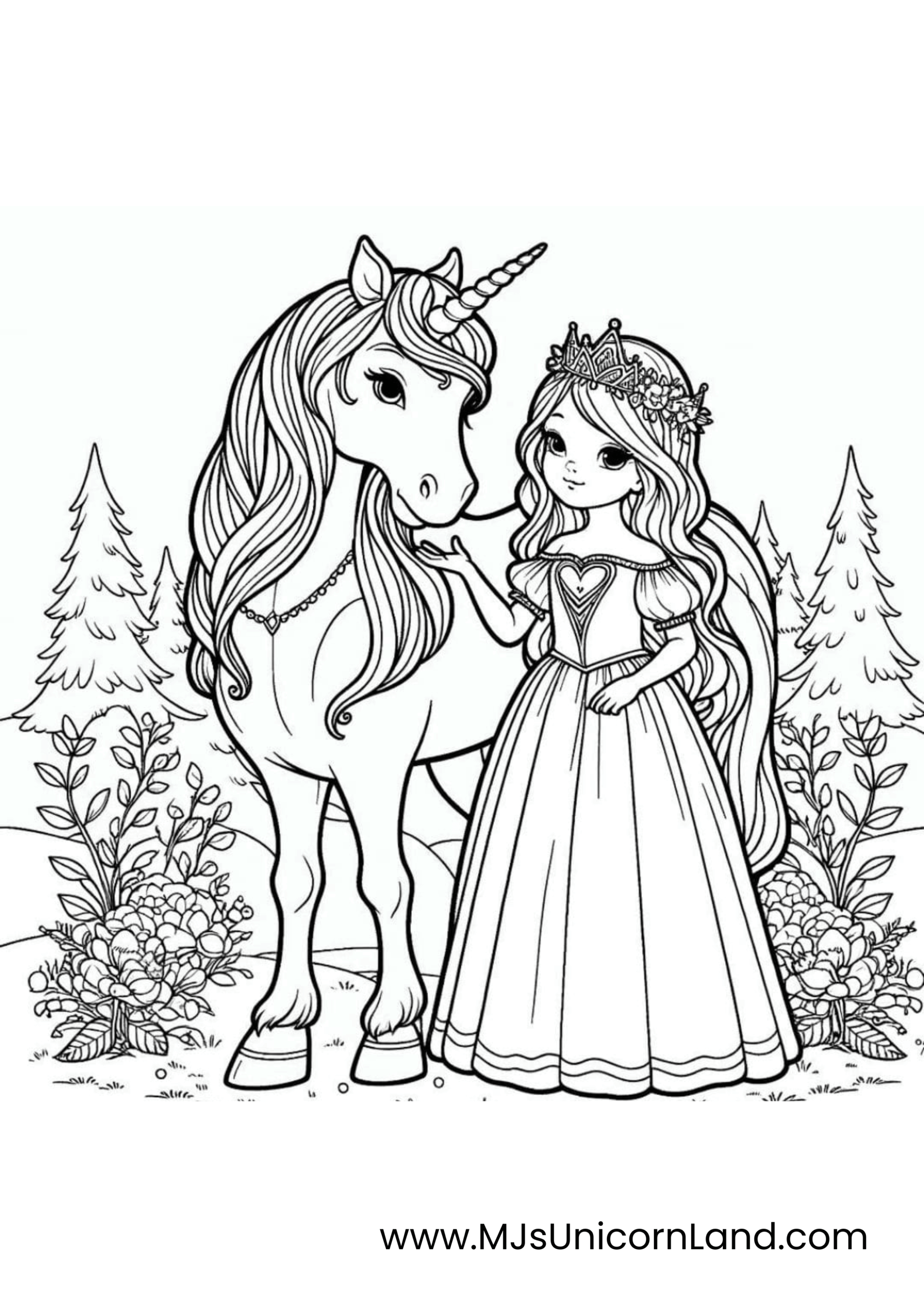 A line art coloring page of a detailed princess with a floral crown and a unicorn in a forest setting with trees and flowers.