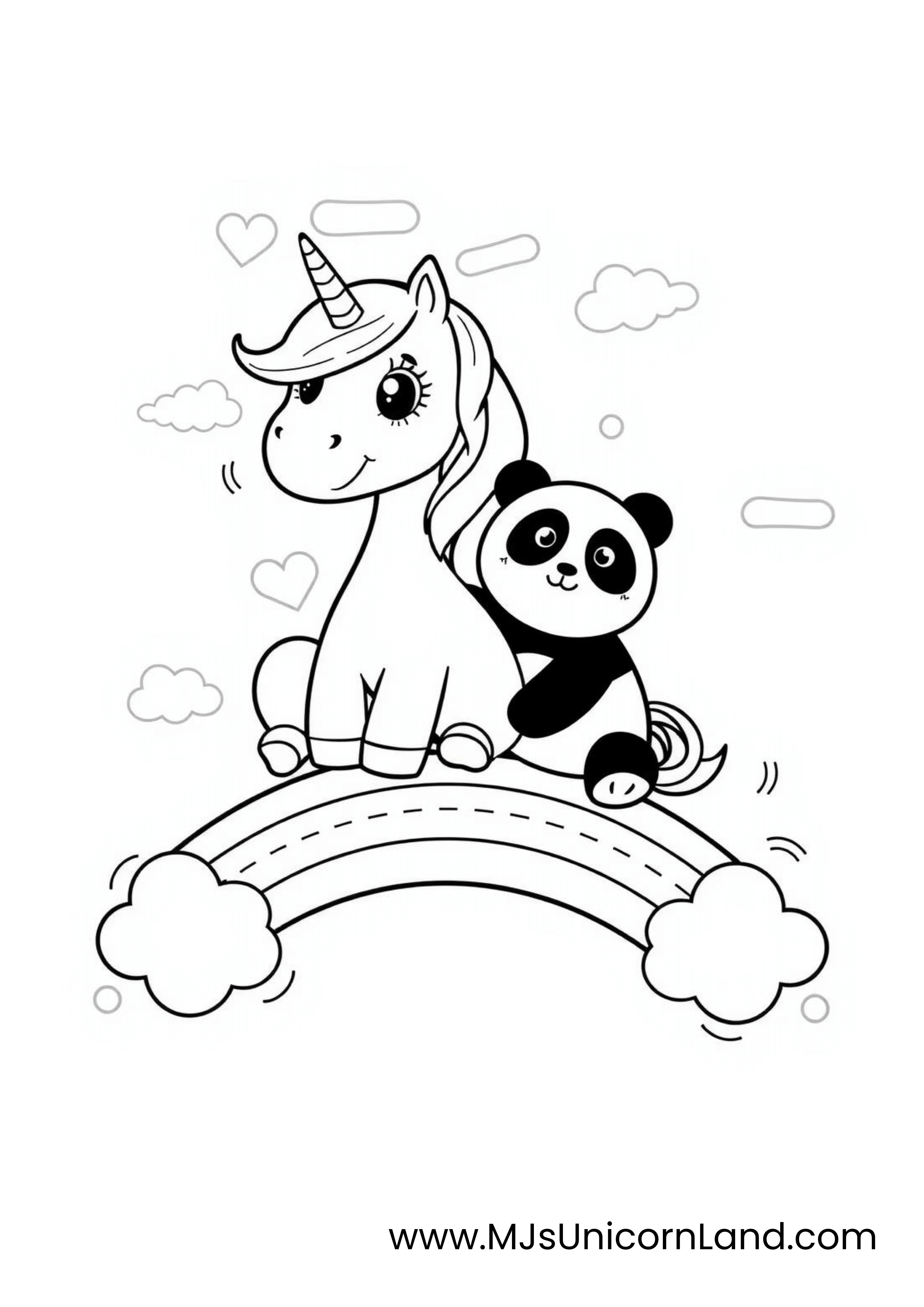 A line art coloring page of a cute unicorn and a panda sitting together on a rainbow with a small cloud on each end.