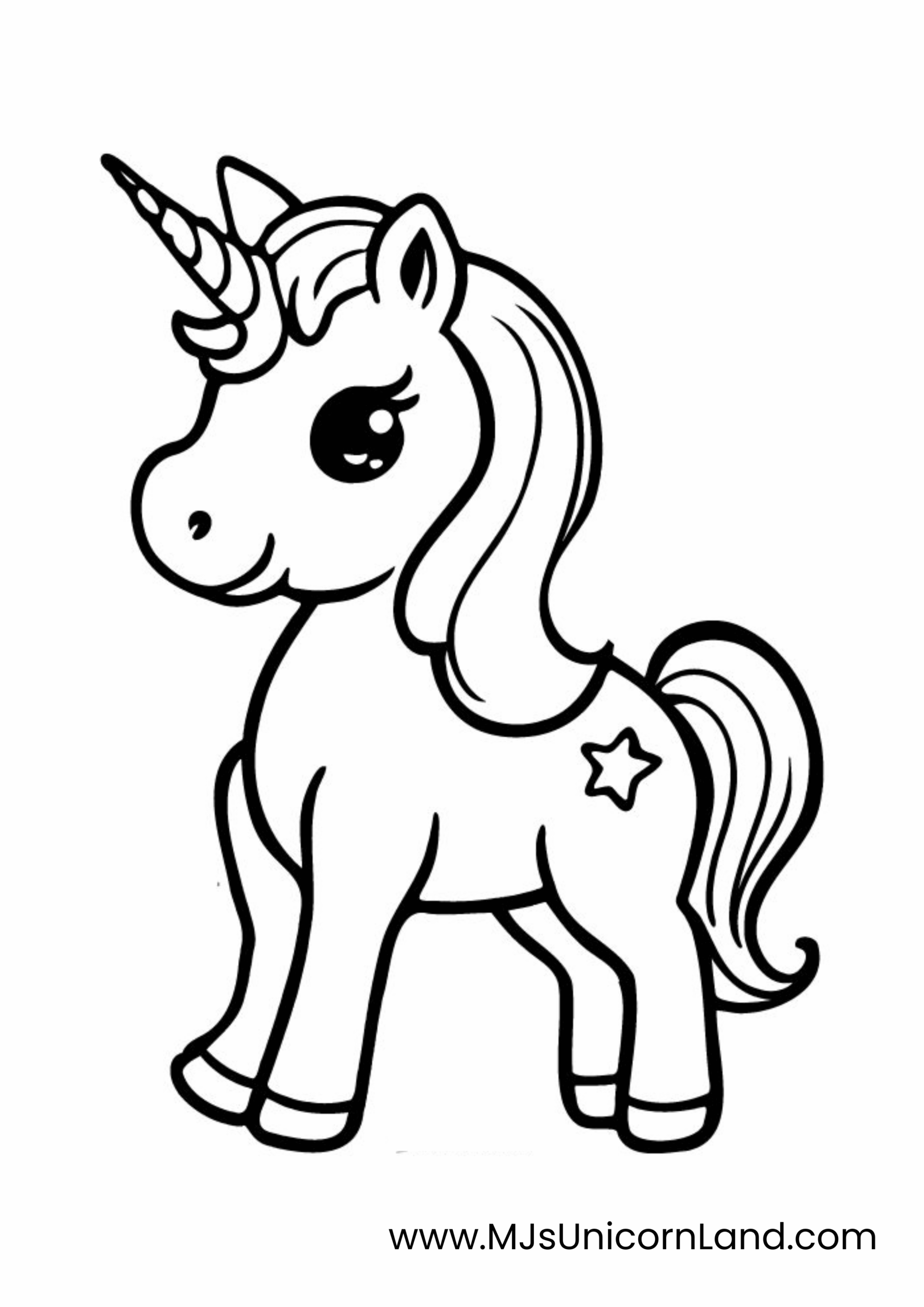 A cute and simple coloring page of a smiling baby unicorn with big, friendly eyes and a star mark on its side.