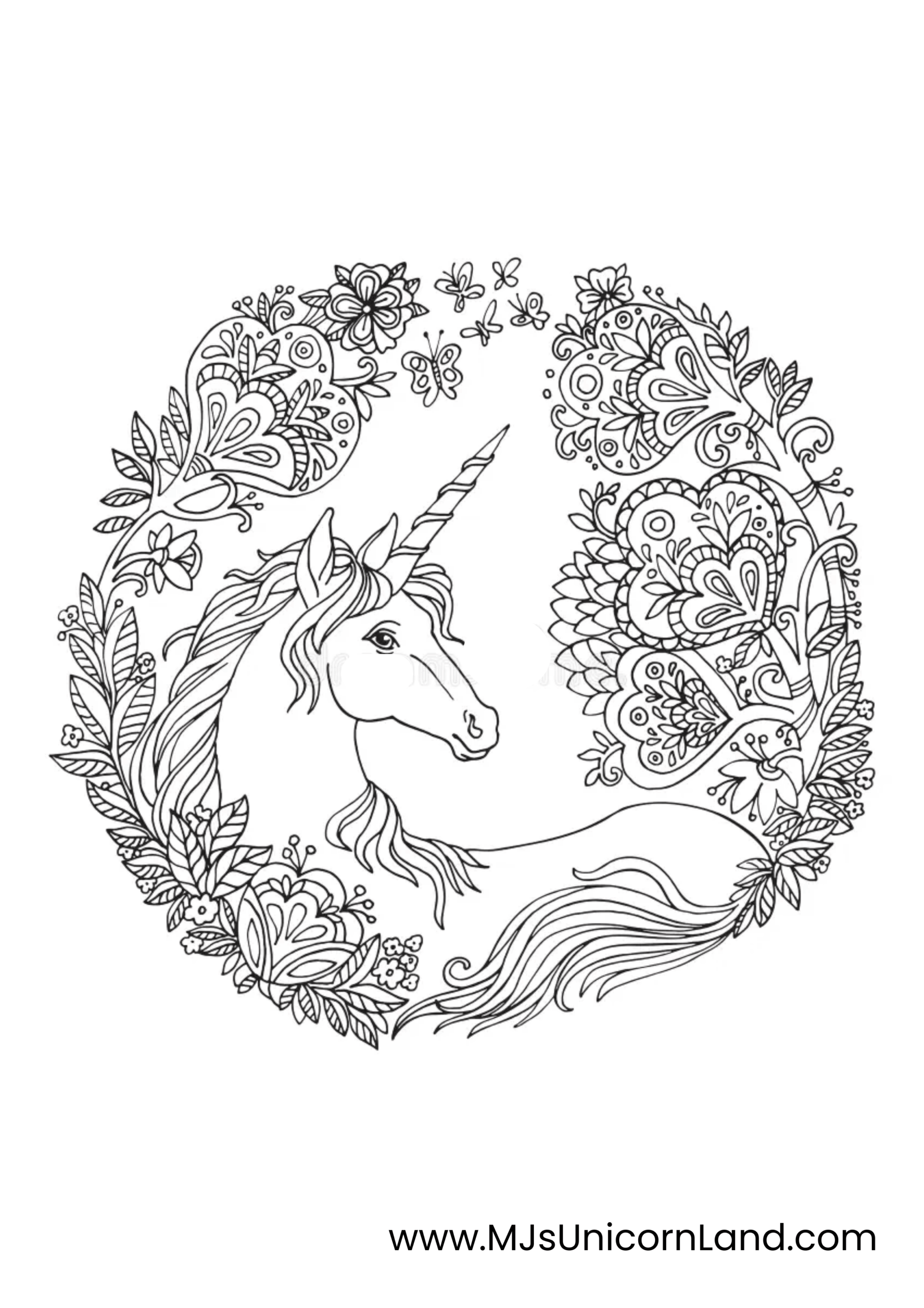 A beautiful coloring page of a unicorn bust framed by an intricate, circular mandala design of flowers and swirling leaves, with detailed butterflies.