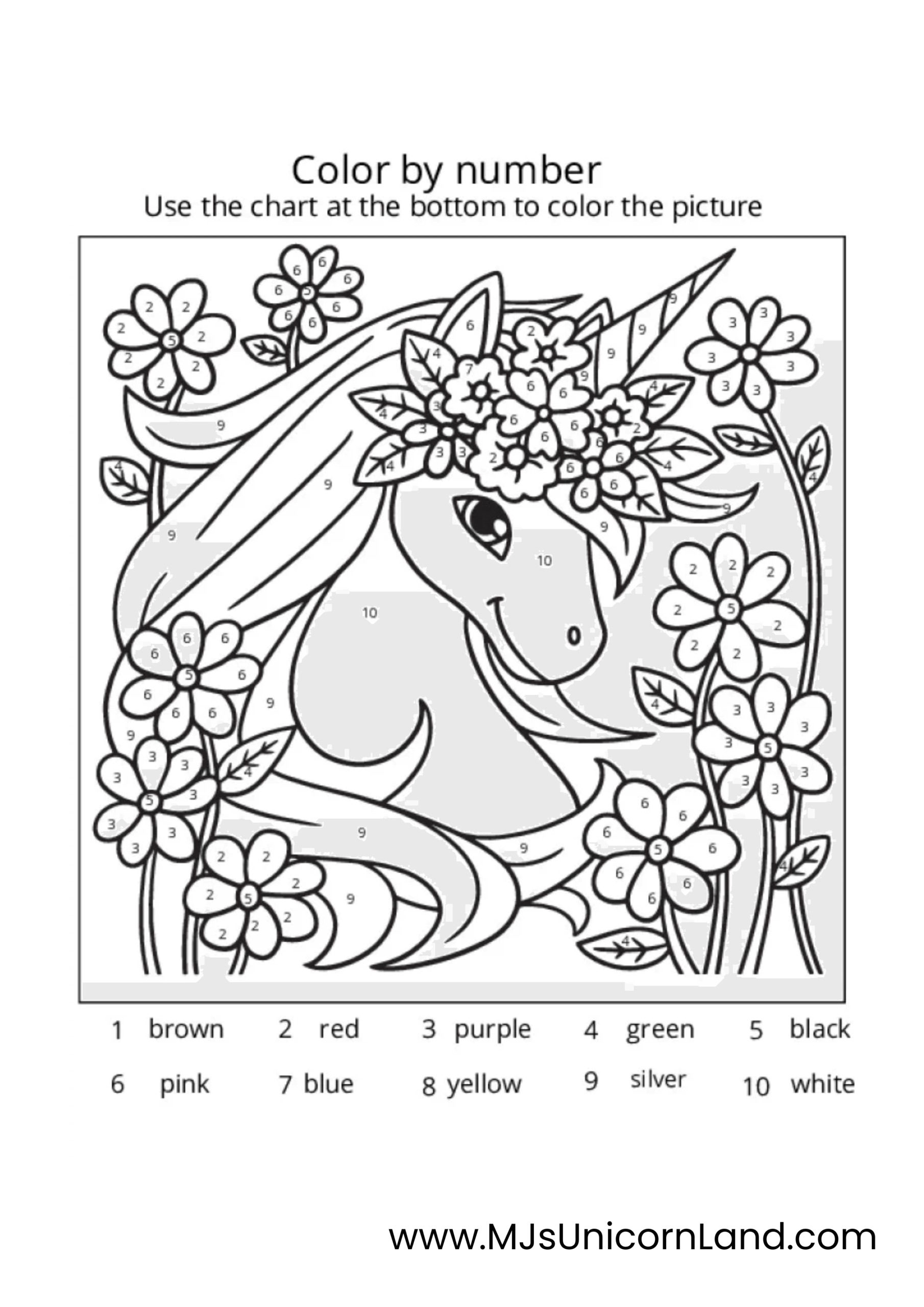 A unicorn and flower color-by-number activity sheet with a detailed color chart.