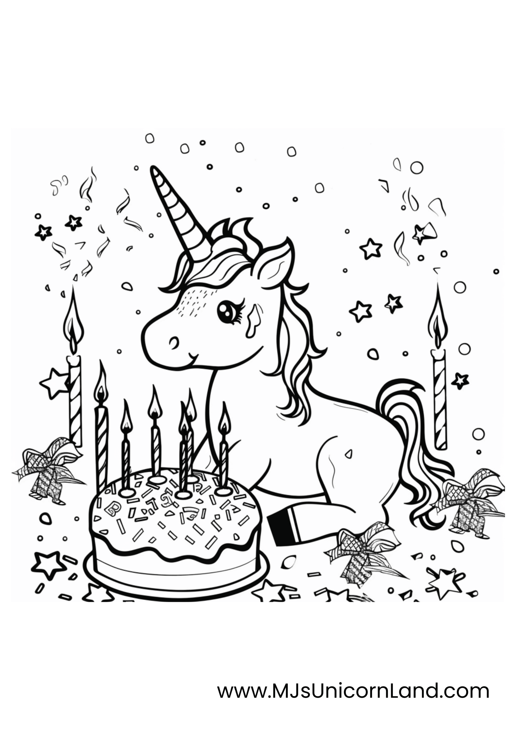 A cute coloring page featuring a sitting unicorn near a simple, single-tiered birthday cake topped with many candles, with light party decorations in the background.