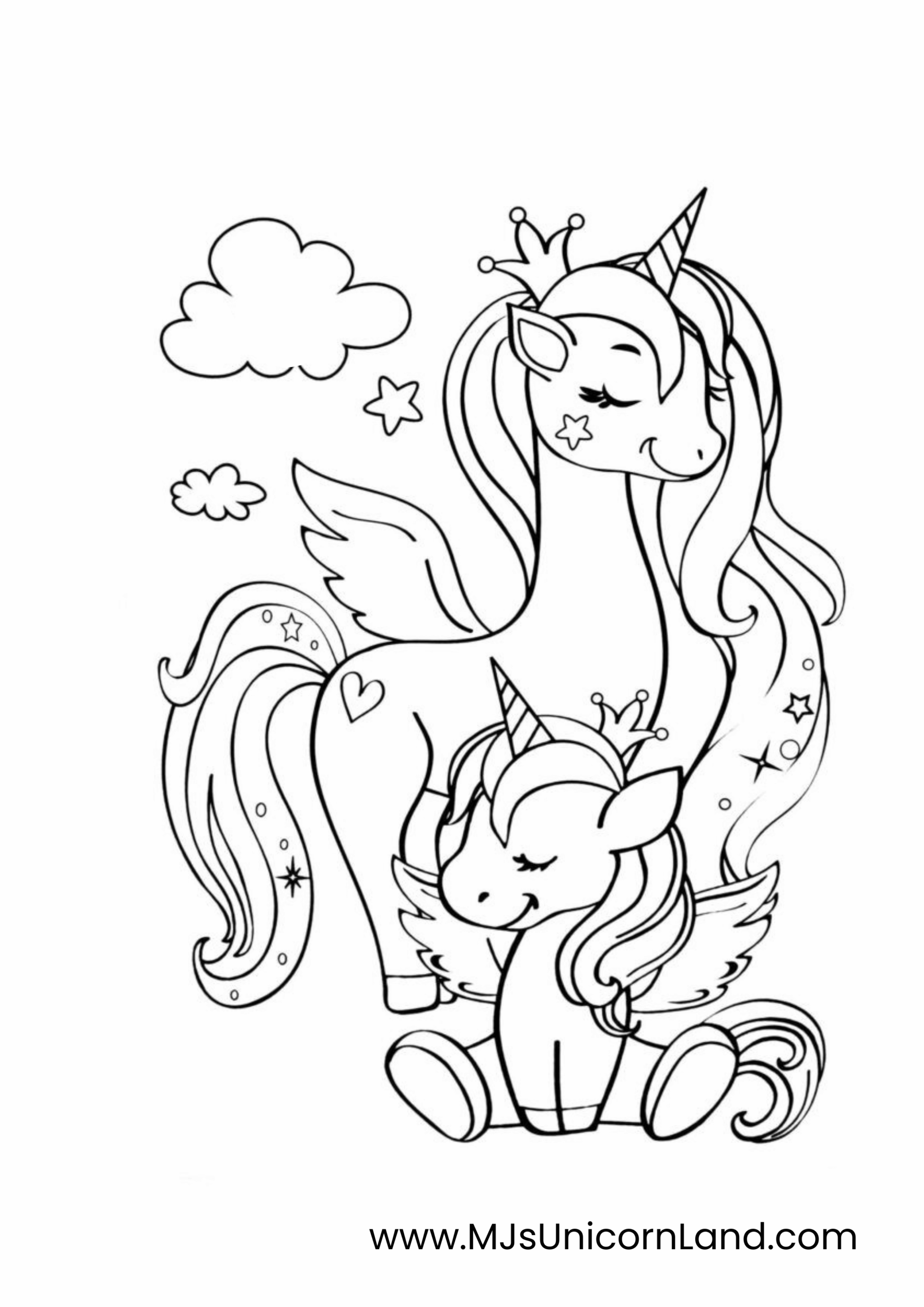 Line art coloring page of a majestic, crowned mother unicorn with wings standing next to her smaller, crowned baby unicorn with wings, with clouds and stars in the background.