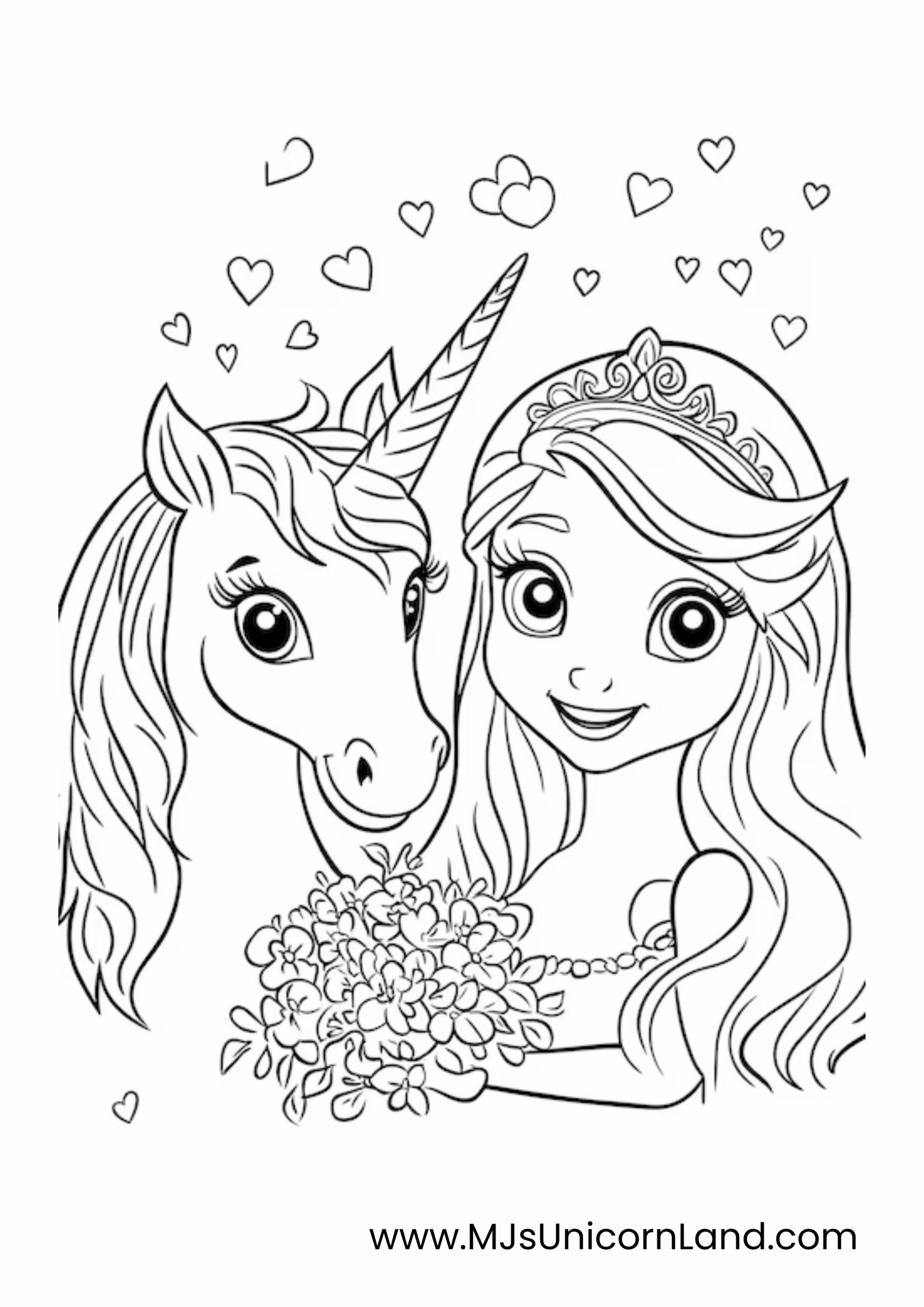  A line art coloring page of a girl with a crown and a unicorn, both with big eyes, holding a bouquet of flowers.