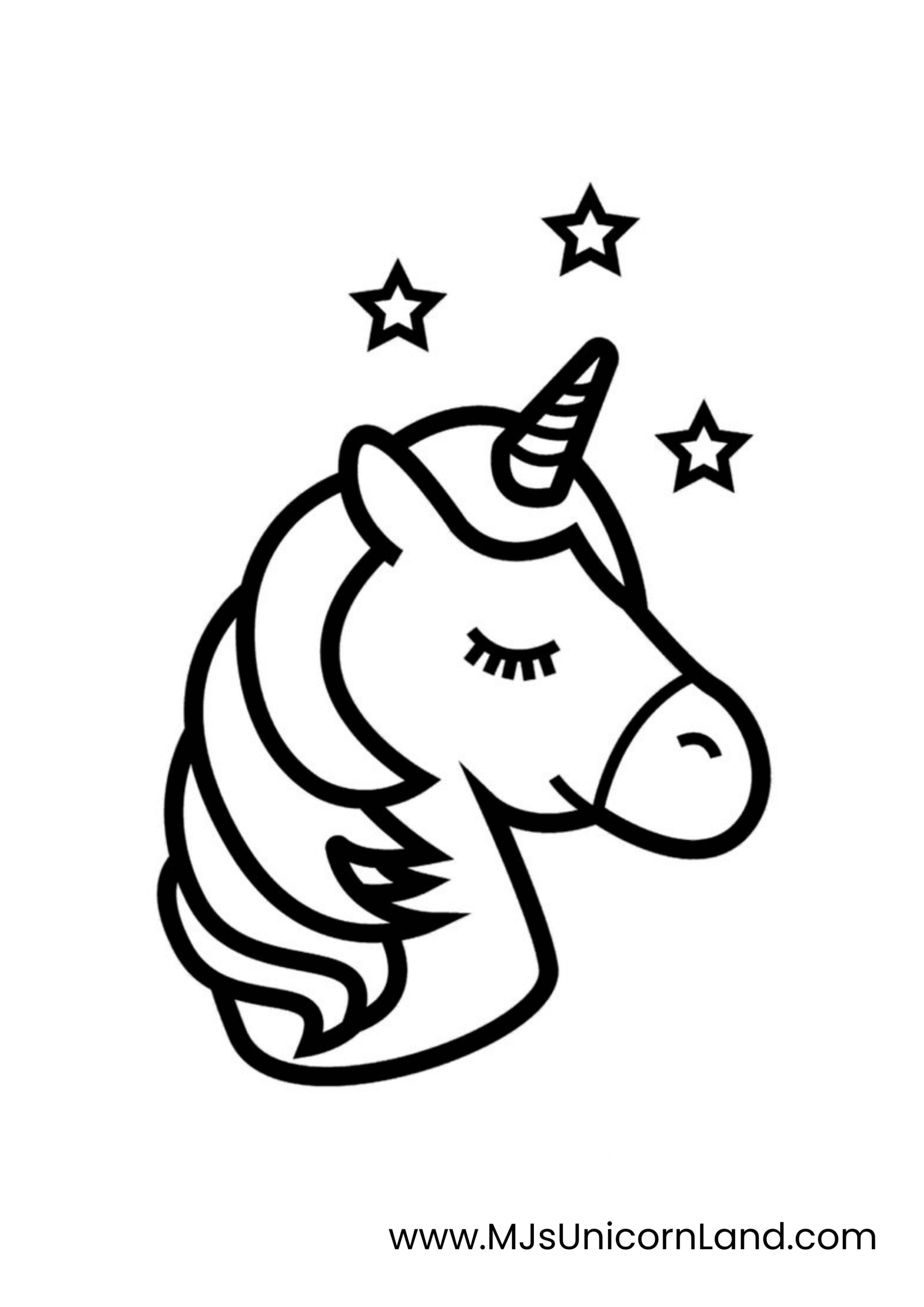 A simple coloring page of a peaceful unicorn head with closed eyes, surrounded by twinkling stars.