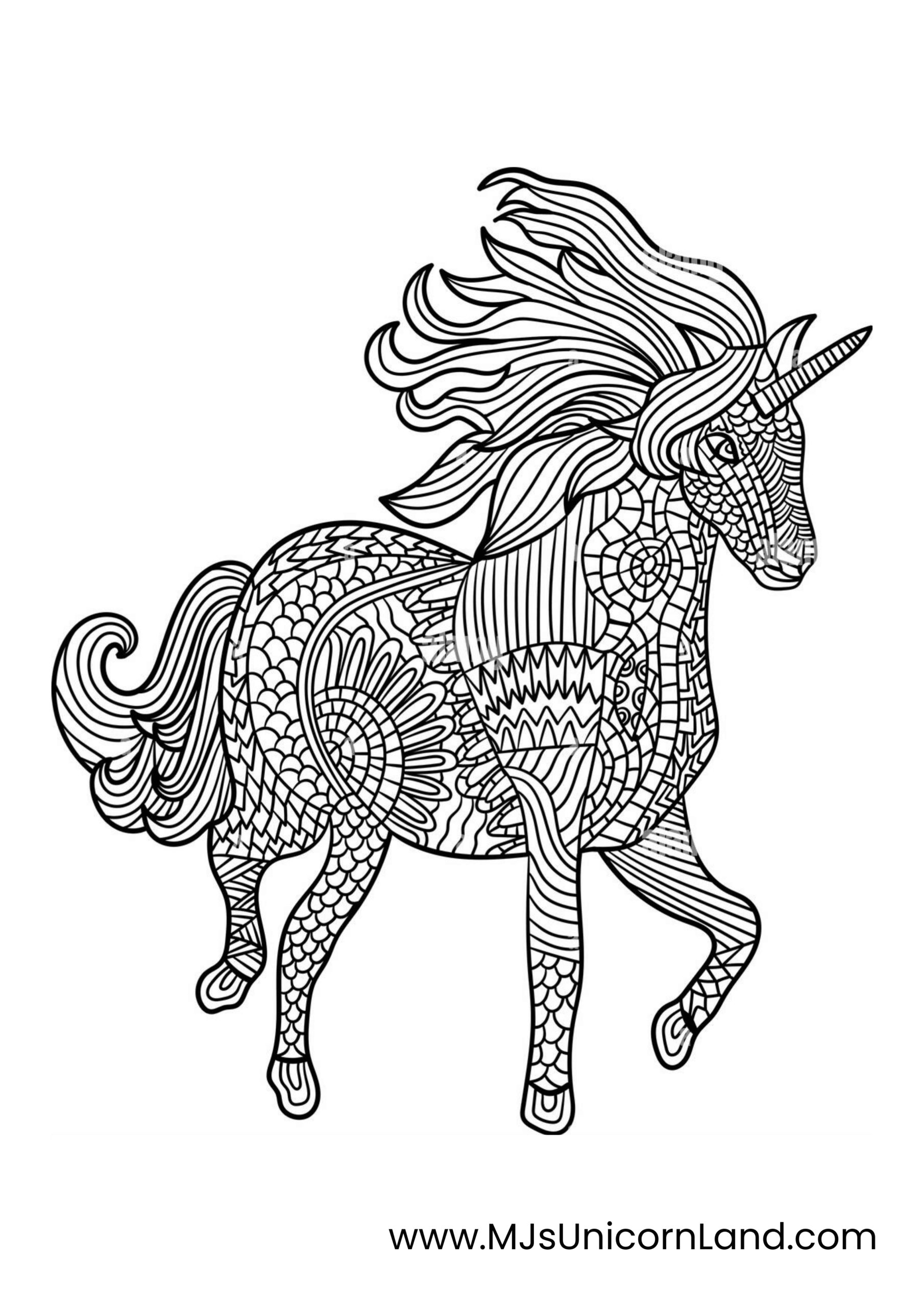 An advanced coloring page of a unicorn covered in complex, intricate geometric and floral patterns in a zentangle or mandala style.