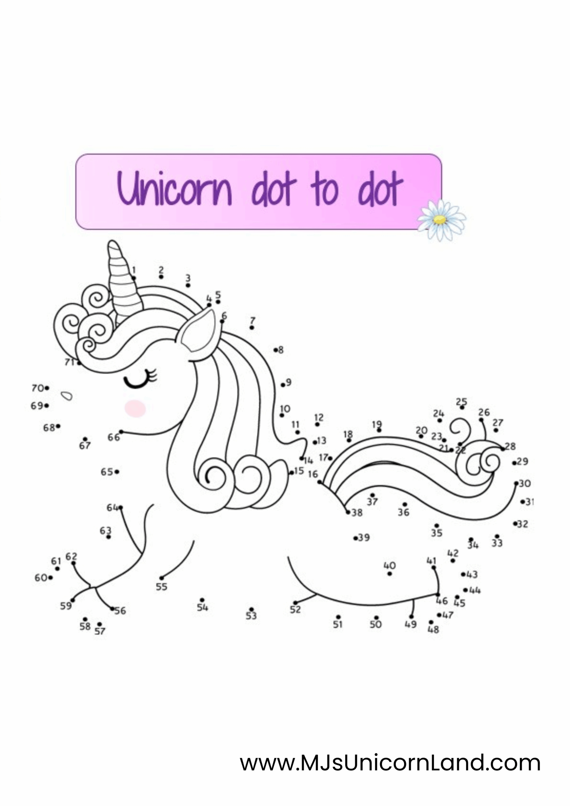 A unicorn dot-to-dot activity sheet for kids to connect the numbers and reveal the picture.