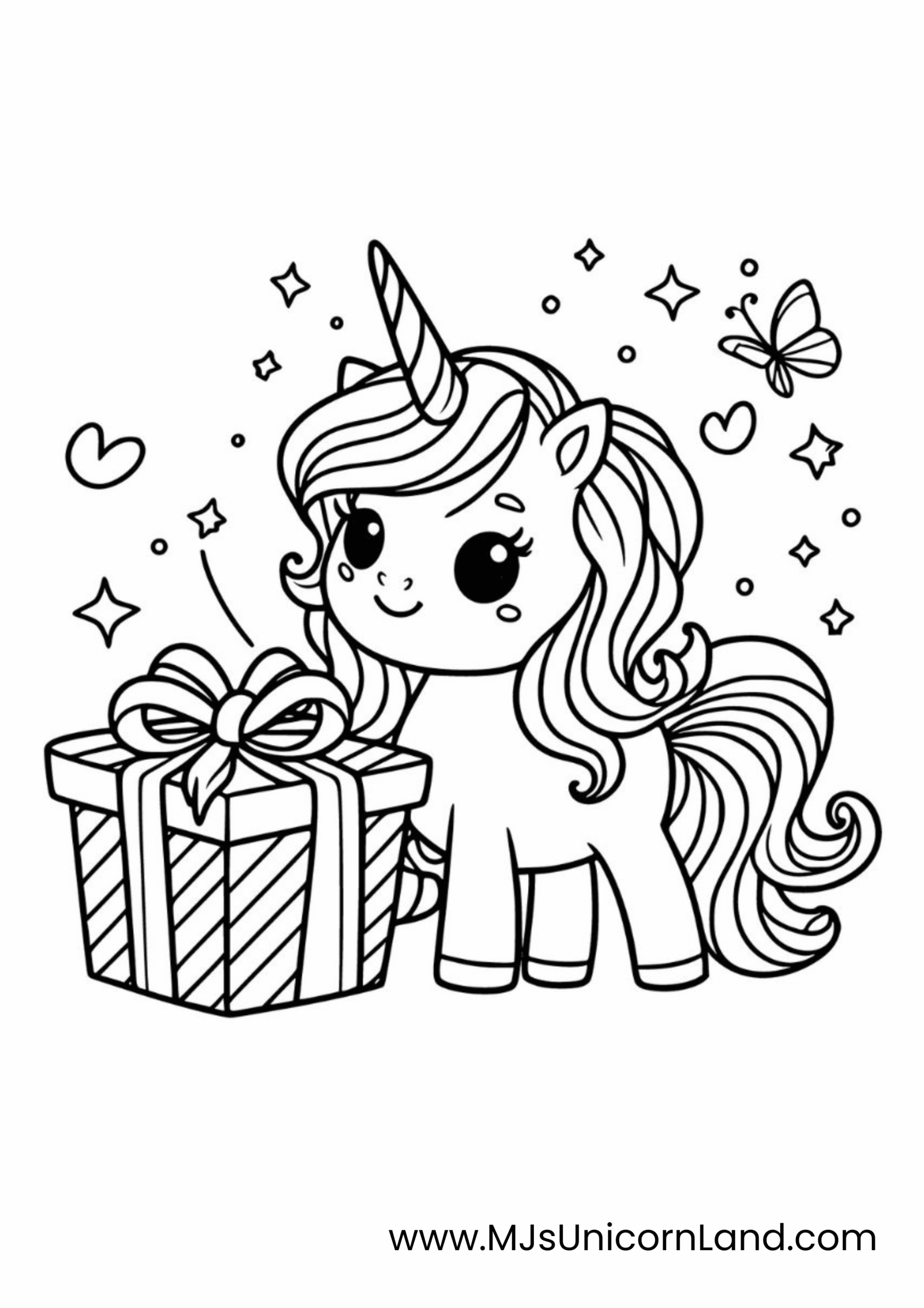 A cute coloring page of a smiling baby unicorn girl standing near a wrapped gift, with a butterfly fluttering in the detailed background.