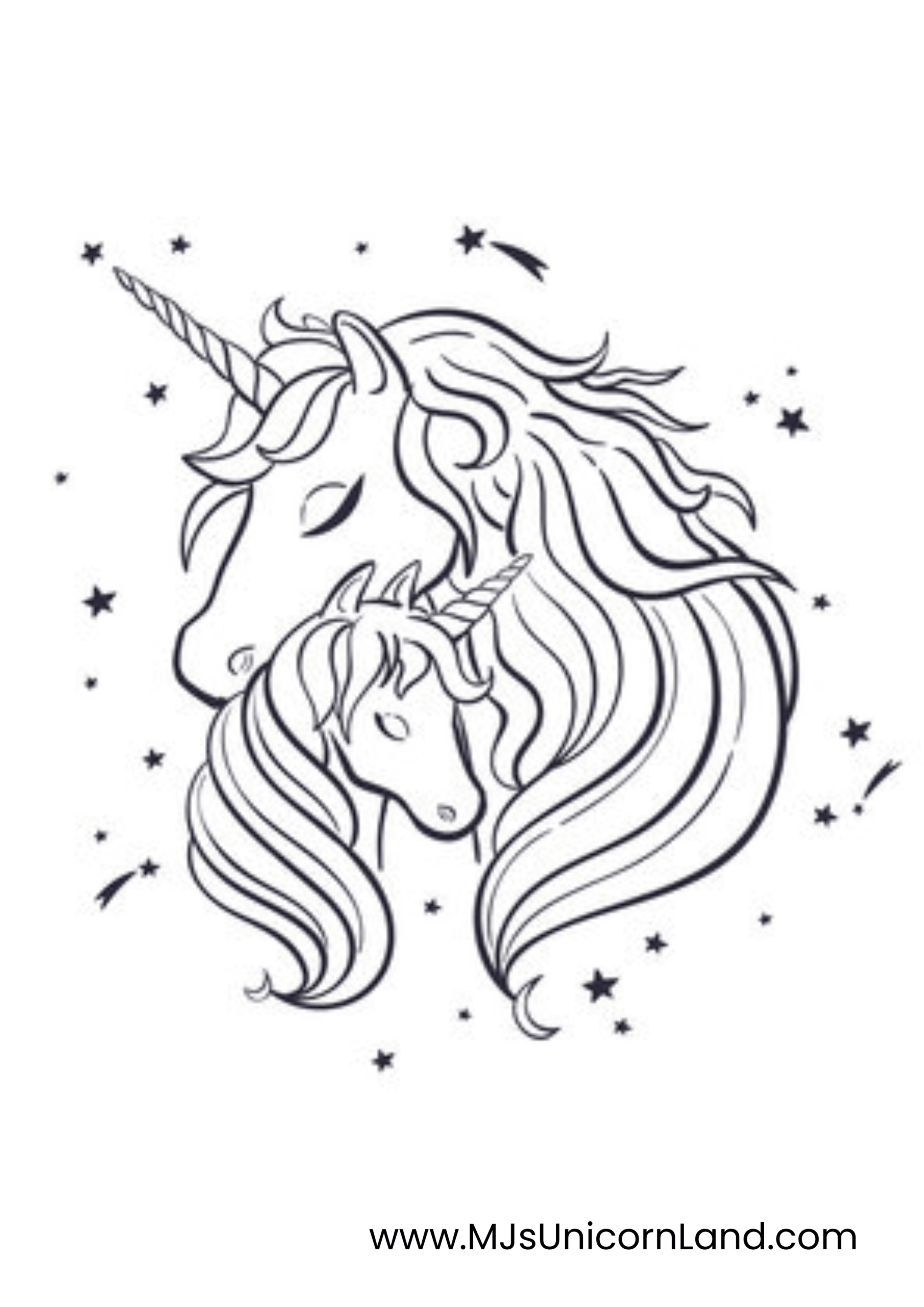 Line art coloring page of a mother unicorn and her baby unicorn touching heads. They are surrounded by shooting stars and stars of various sizes.