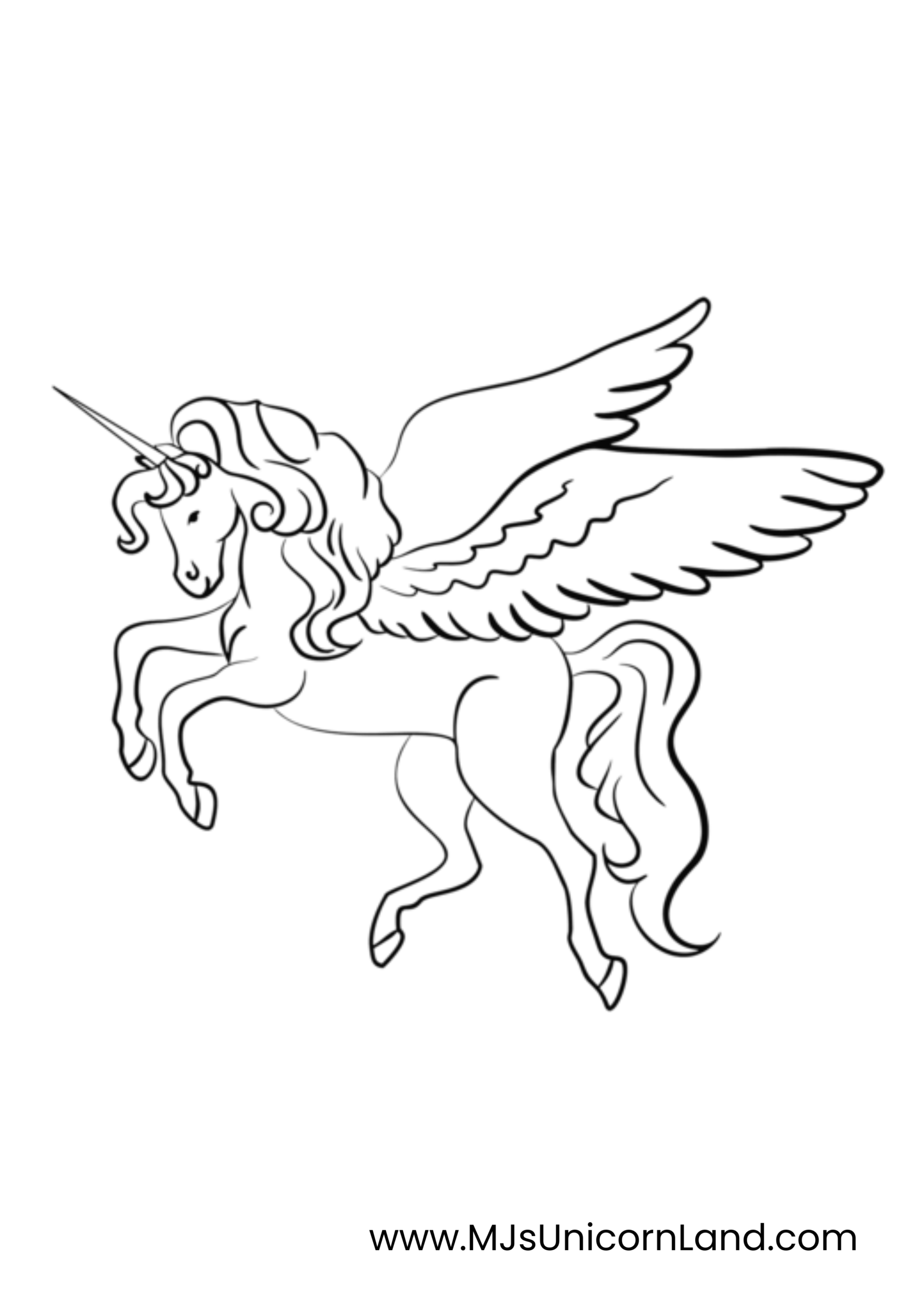 A line art coloring page of a graceful unicorn with large wings, resembling a Pegasus, in a dynamic flying pose.