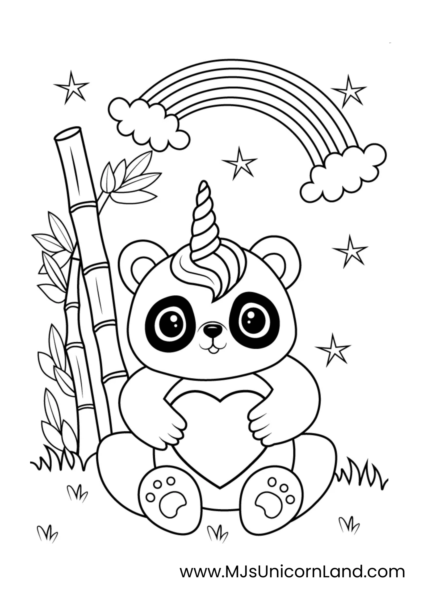 A line art coloring page of a cute baby unicorn panda, with a unicorn horn and holding a heart, sitting next to a bamboo stalk with a rainbow and stars in the background.