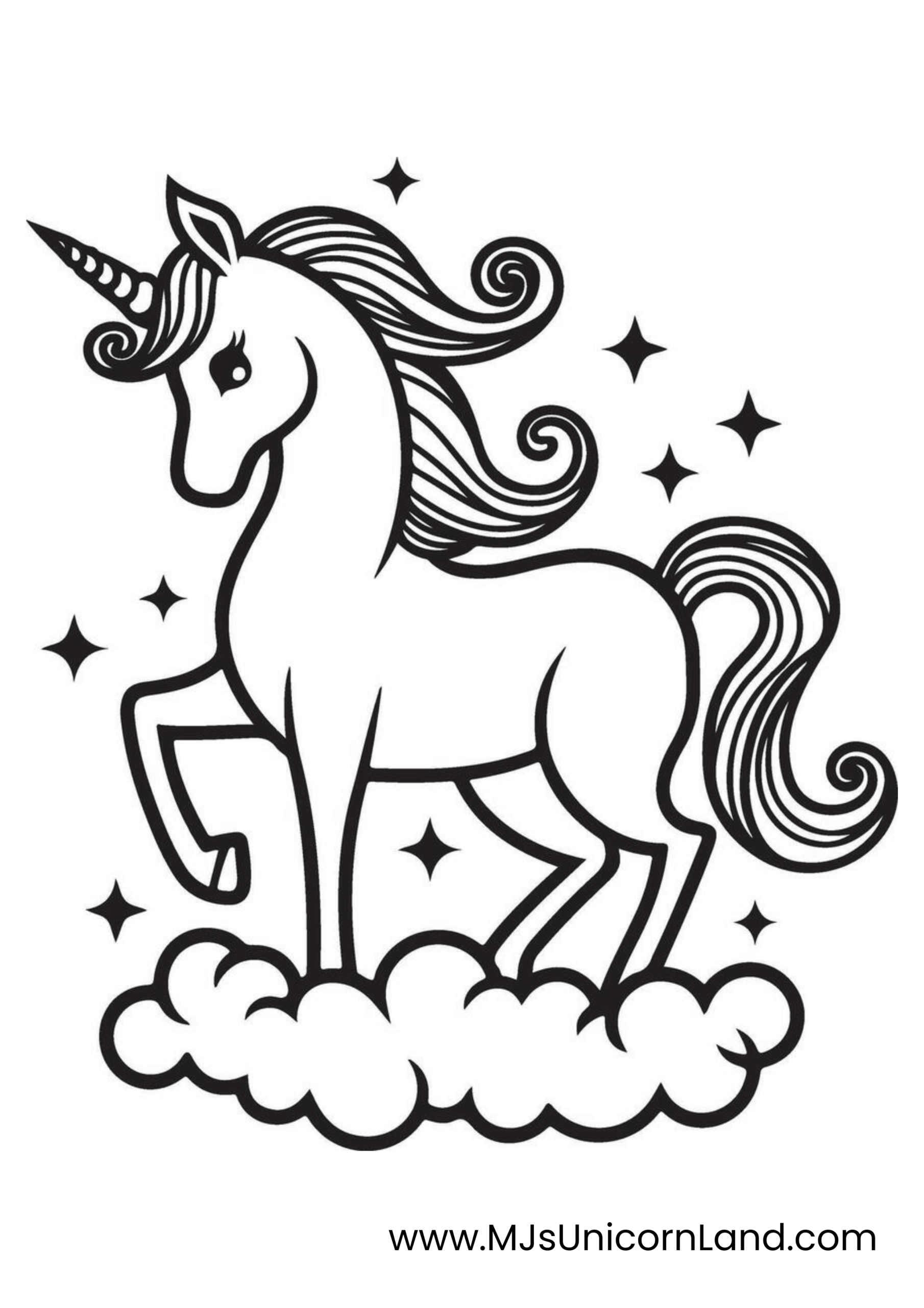 A majestic unicorn with flowing mane and tail, standing on a cloud amidst sparkling stars, featured in a coloring page for children.