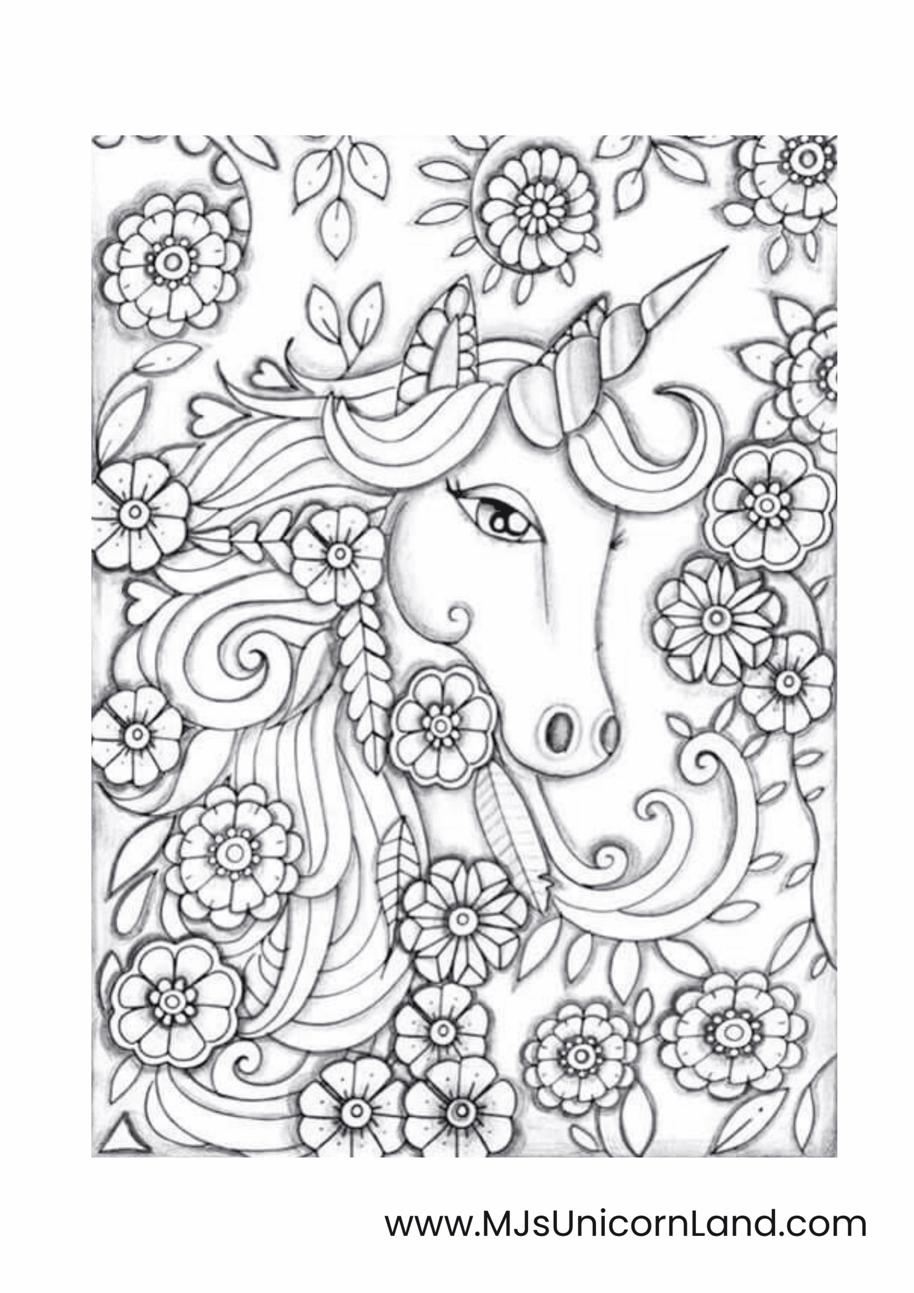 An intricate coloring page featuring a unicorn's head surrounded by a dense, detailed arrangement of assorted flowers and leaves.