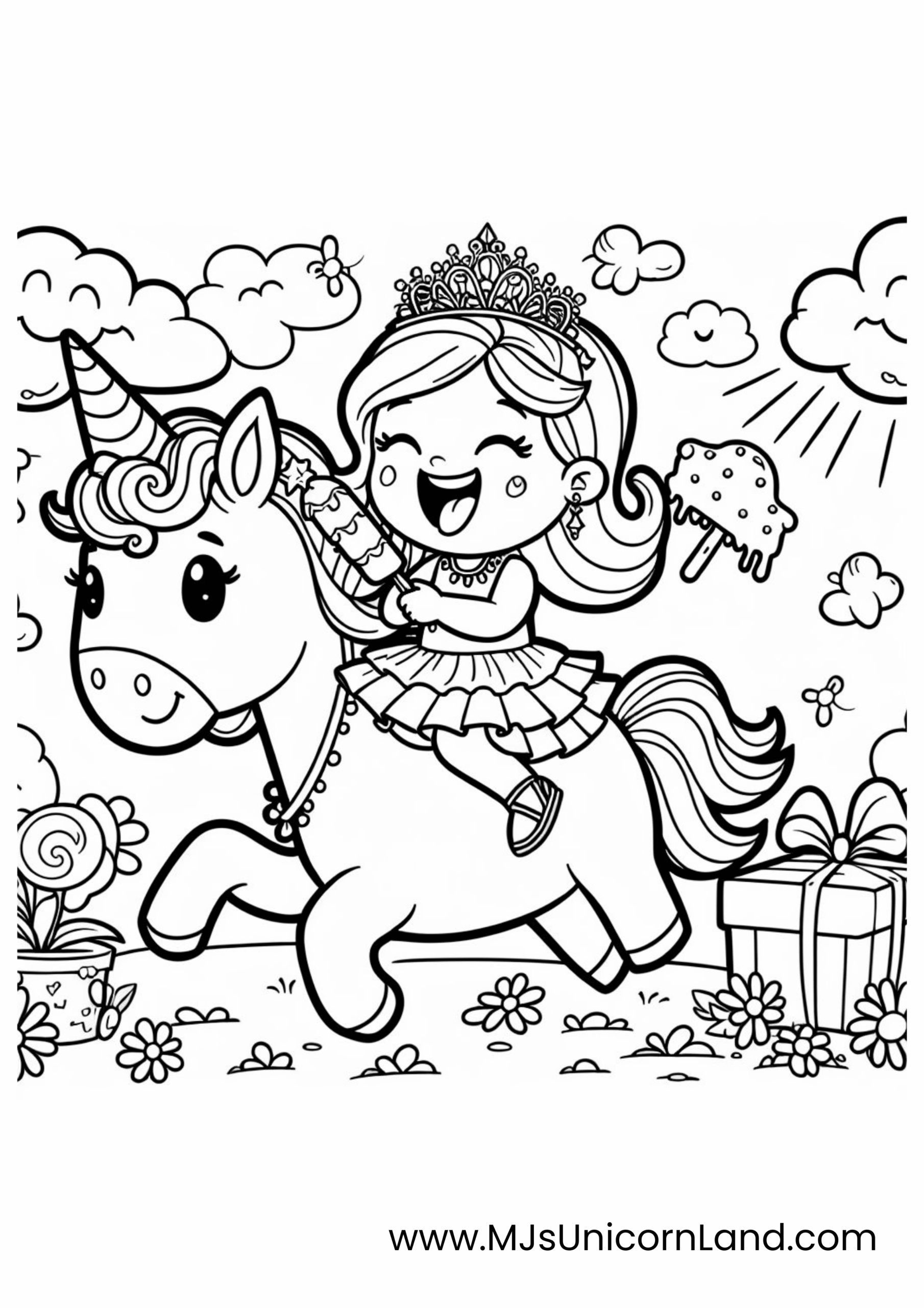 A cute coloring page featuring a princess with a crown happily riding a unicorn through a garden, while holding an ice cream cone, with a wrapped gift behind them.