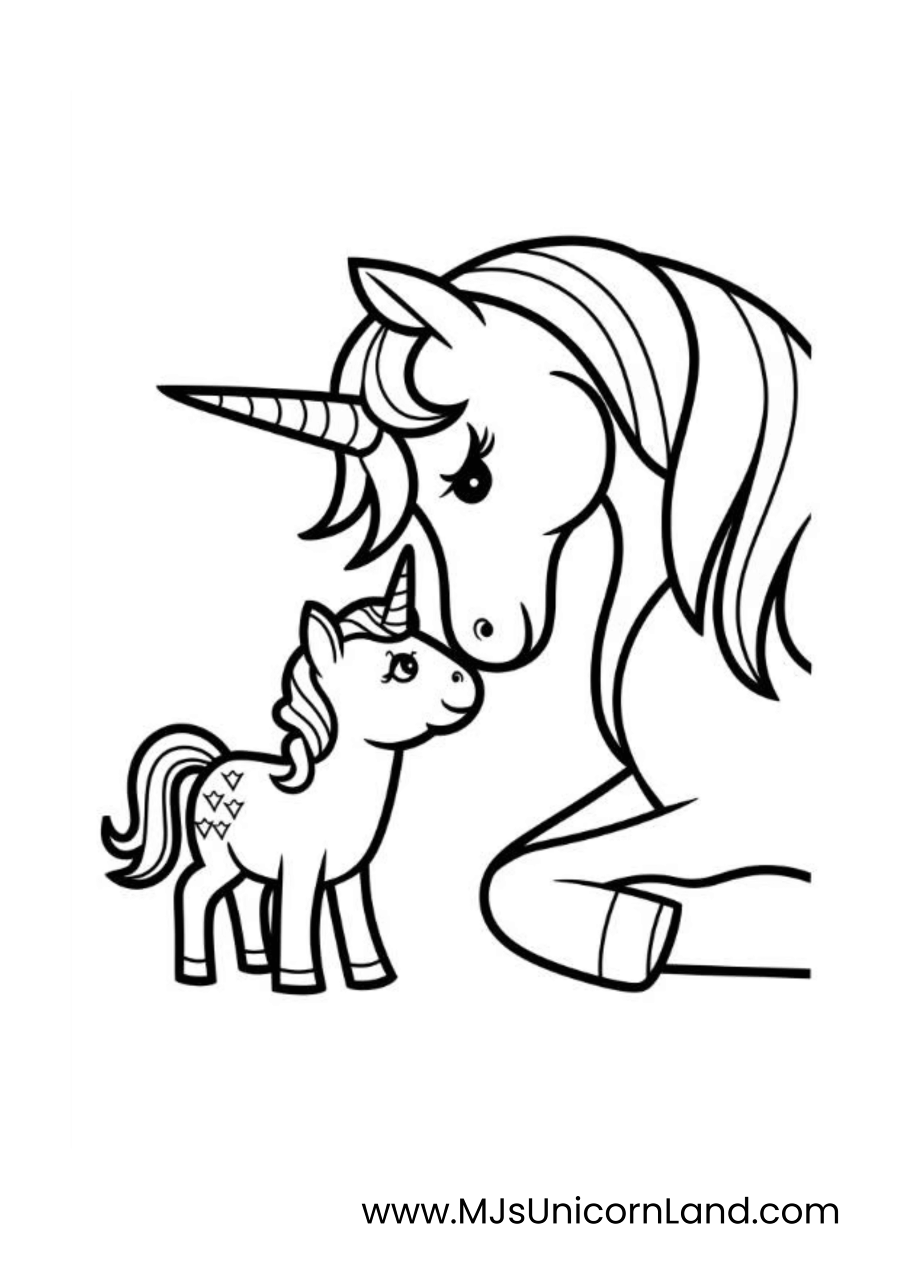 Line art coloring page of a mother unicorn and her baby unicorn standing side-by-side. The mother unicorn has a more detailed mane while the baby unicorn is simple with a heart on its body.