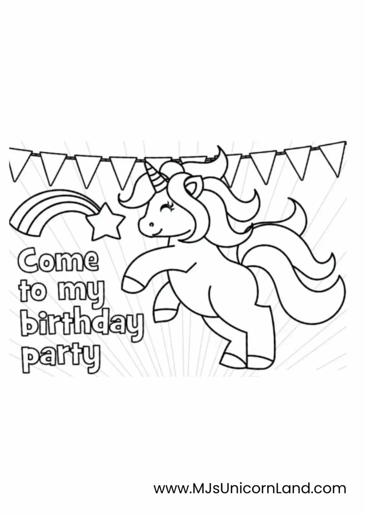 A simple unicorn birthday invitation card coloring page with the text "Come to my birthday party" below a happy, trotting unicorn, a rainbow, and a banner.