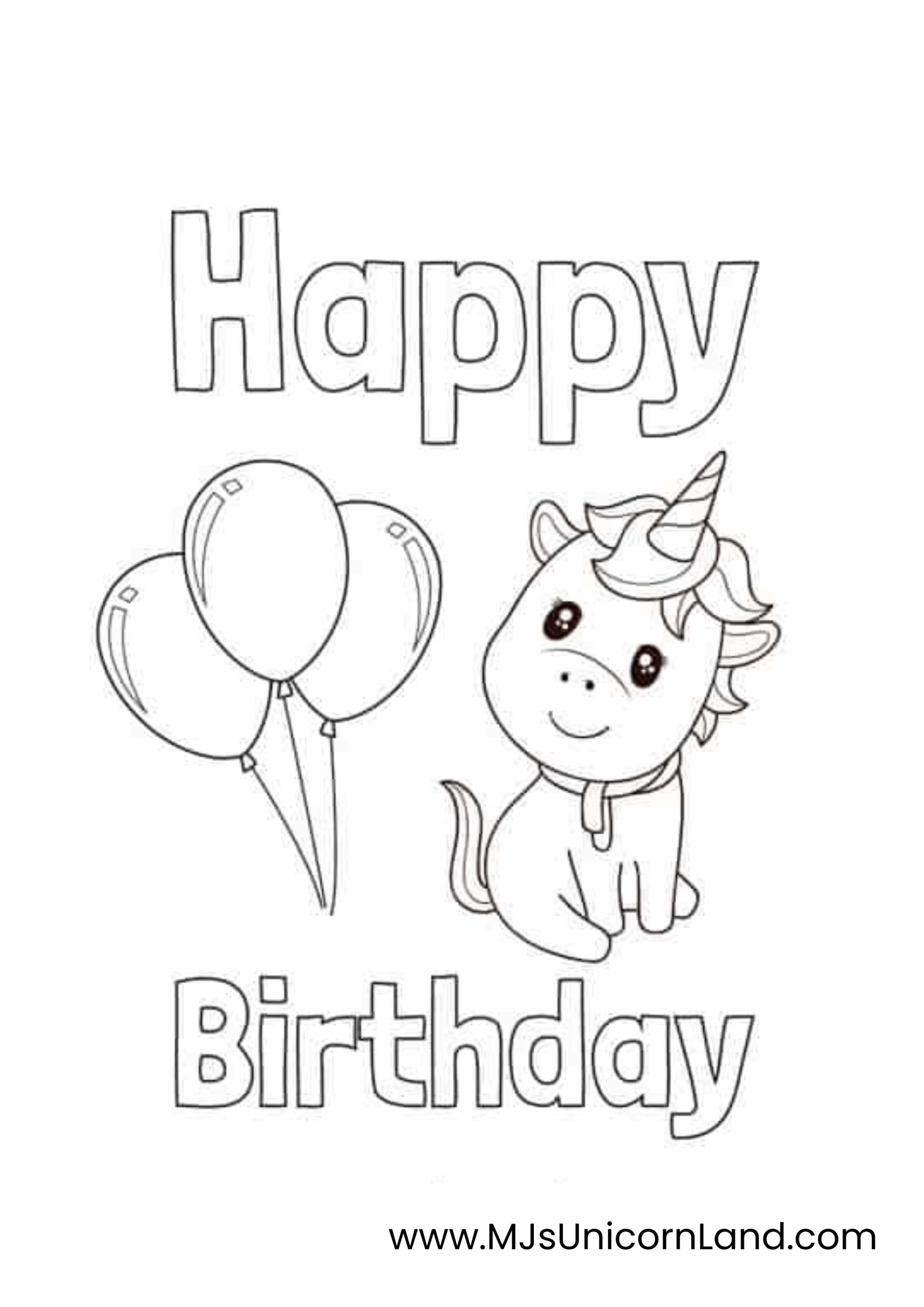 A cute unicorn birthday card coloring page featuring a sitting chibi unicorn next to a bunch of balloons, under the large text "Happy Birthday."