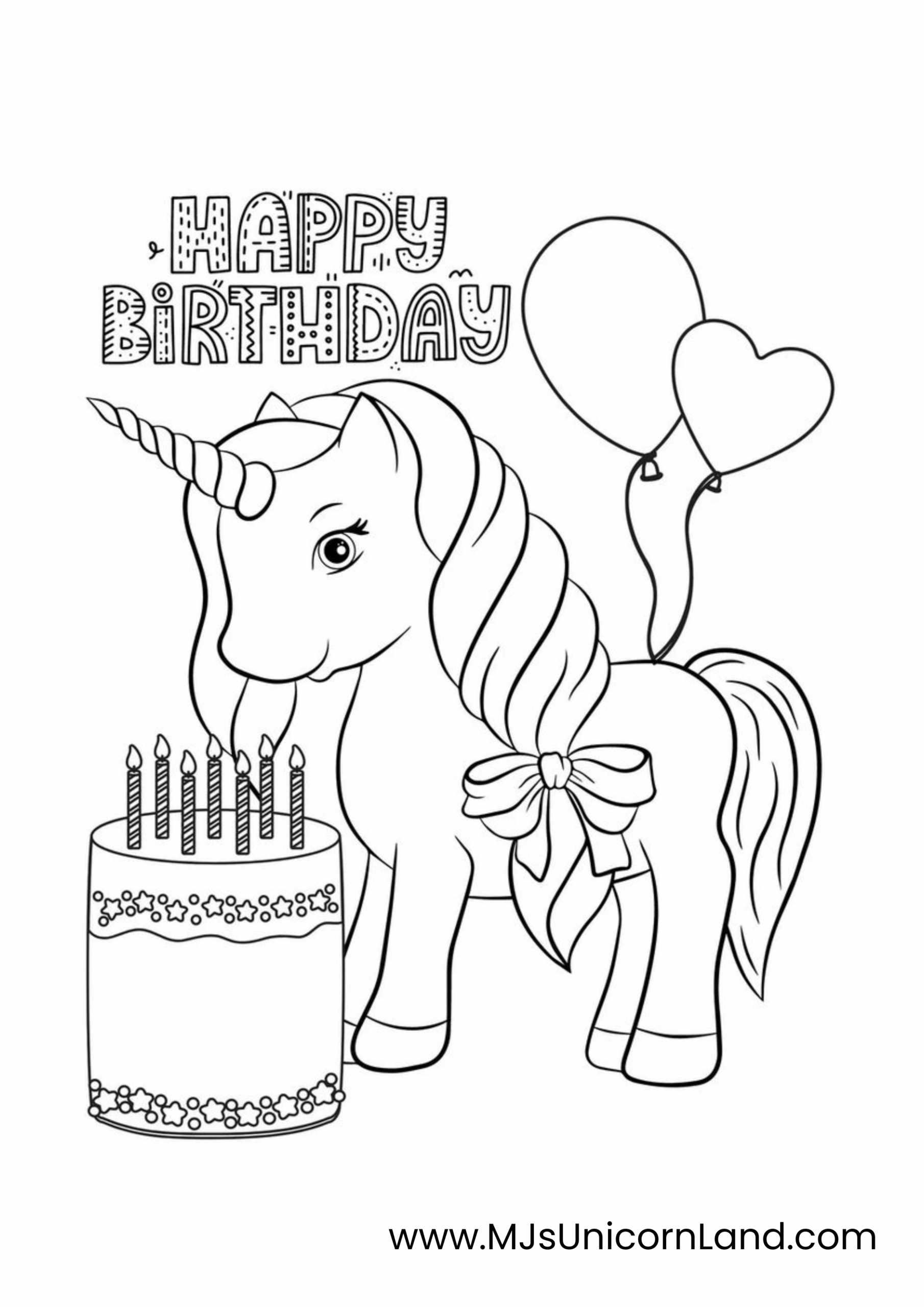 A detailed unicorn birthday card coloring page of a unicorn with a large bow on its back, standing next to a cake with seven candles and a heart-shaped balloon, under the text "Happy Birthday."