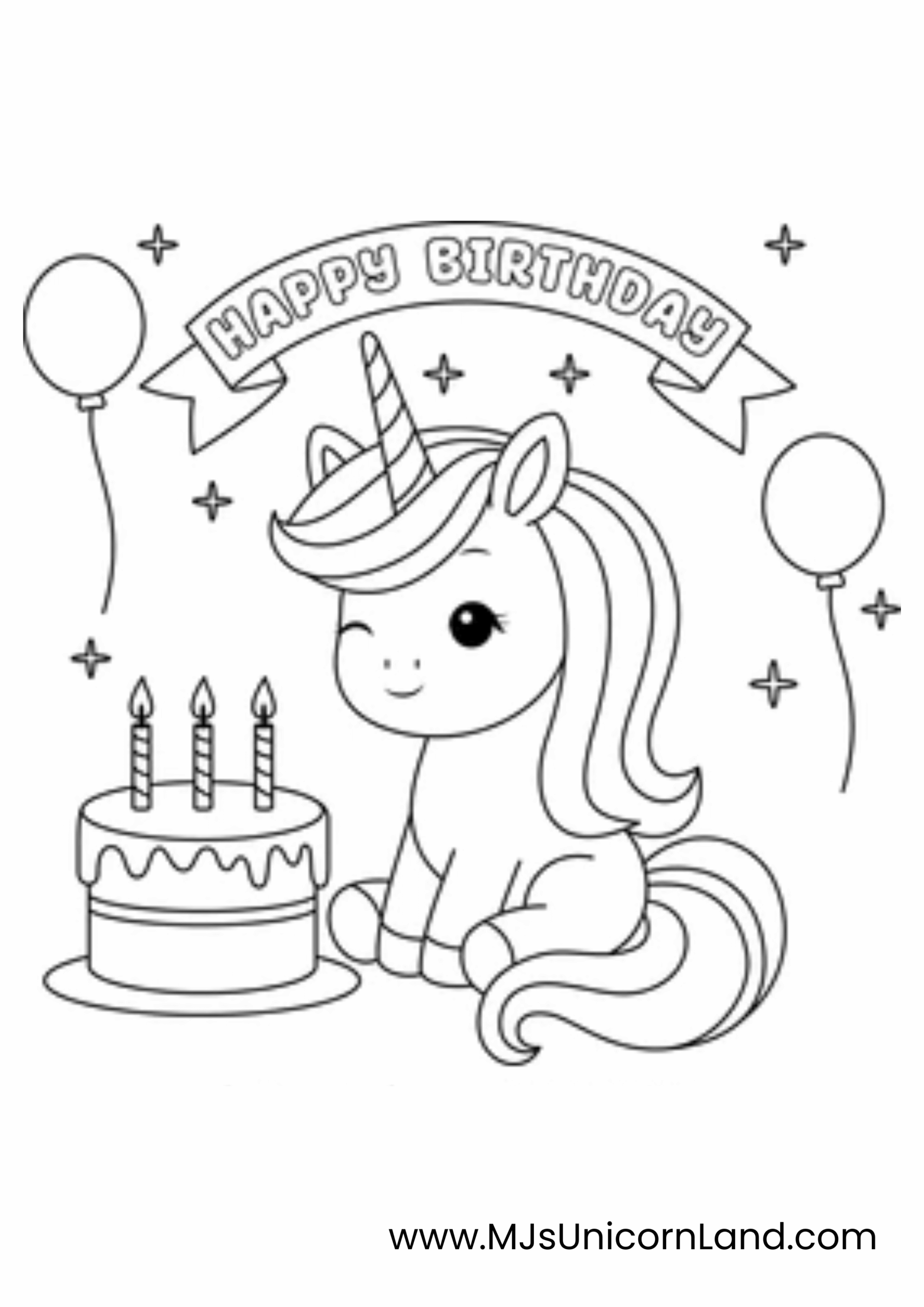 A cute unicorn birthday card coloring page featuring a winking chibi unicorn sitting next to a cake with three candles, under a "Happy Birthday" banner with floating balloons.