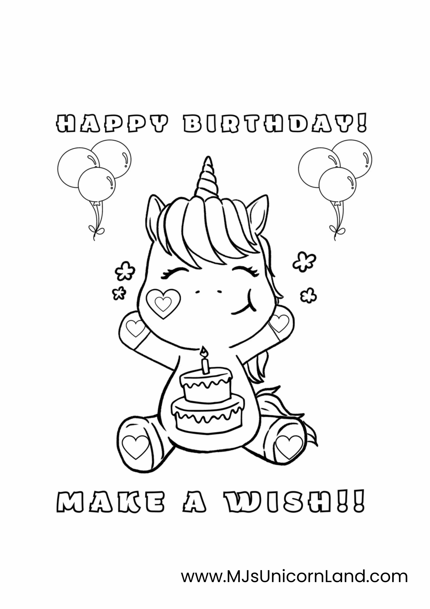A cute unicorn birthday card coloring page showing a chibi unicorn hugging a two-tiered cake with a candle, under the text "HAPPY BIRTHDAY!" and above "MAKE A WISH!!".