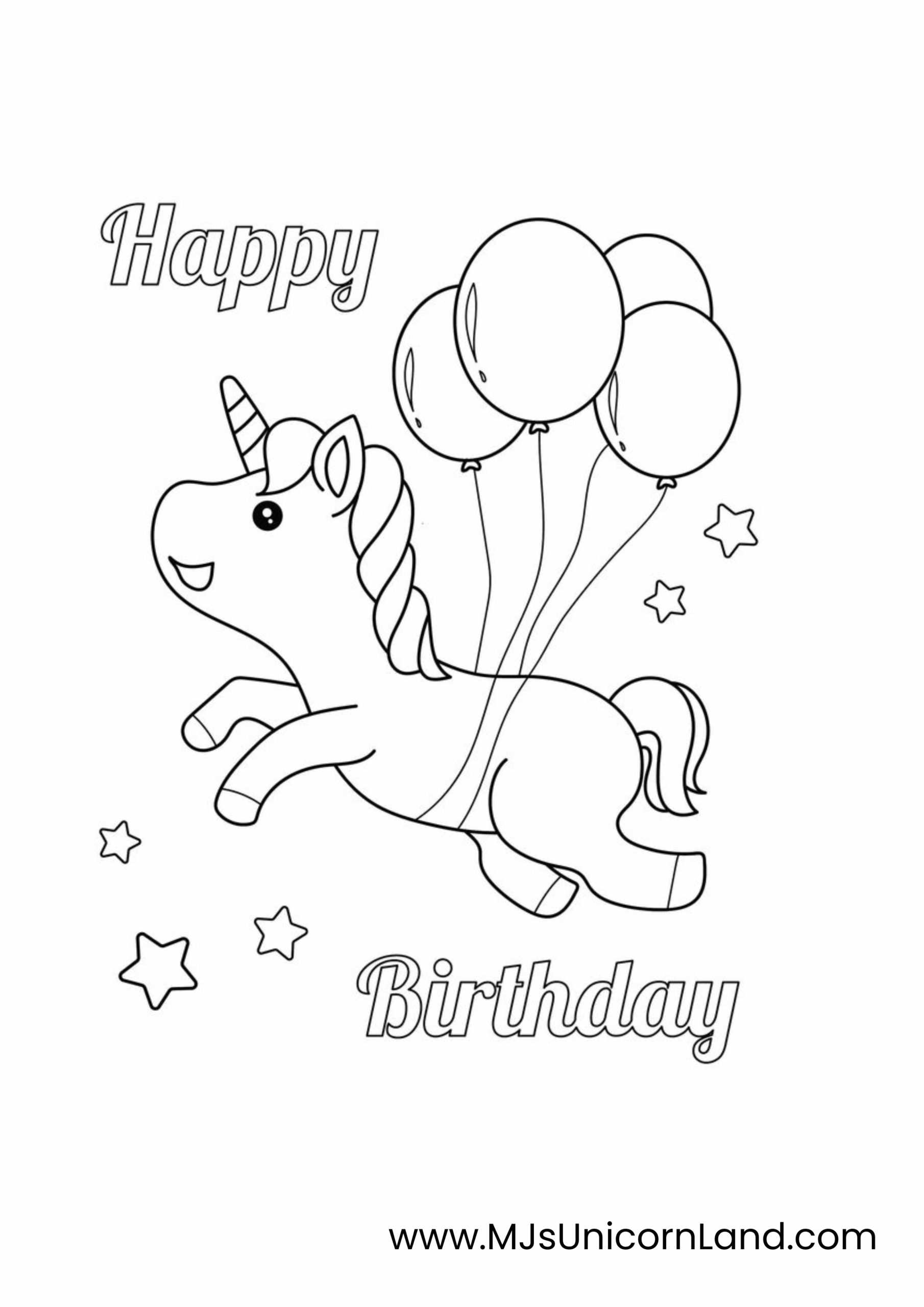 A simple unicorn birthday card coloring page of a happy unicorn floating through the air while holding a bundle of balloons, under the text "Happy Birthday."