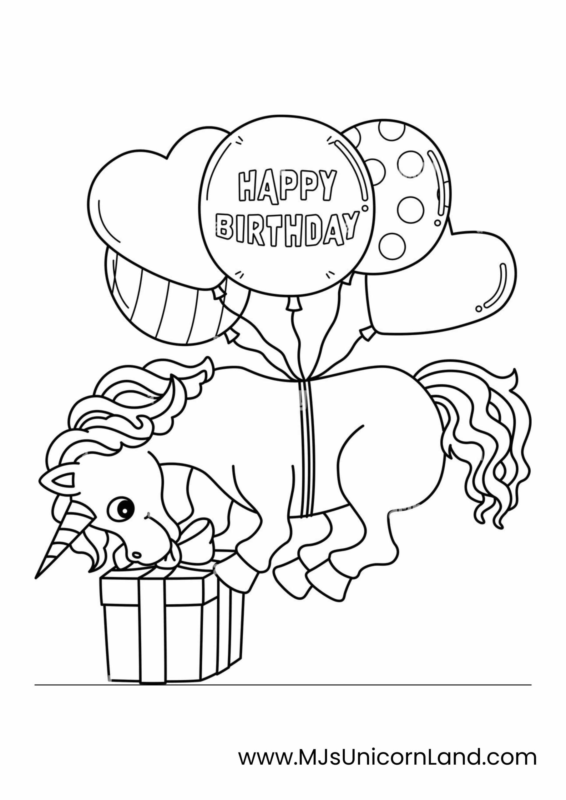 A cute happy unicorn birthday card coloring page of a unicorn lying on a large, striped gift, holding a cluster of balloons, one of which says "HAPPY BIRTHDAY."