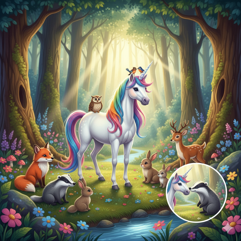 In a peaceful forest lived a unicorn who loved making friends.