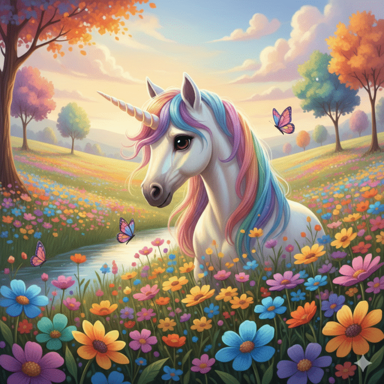 a shy unicorn in a colorful meadow
