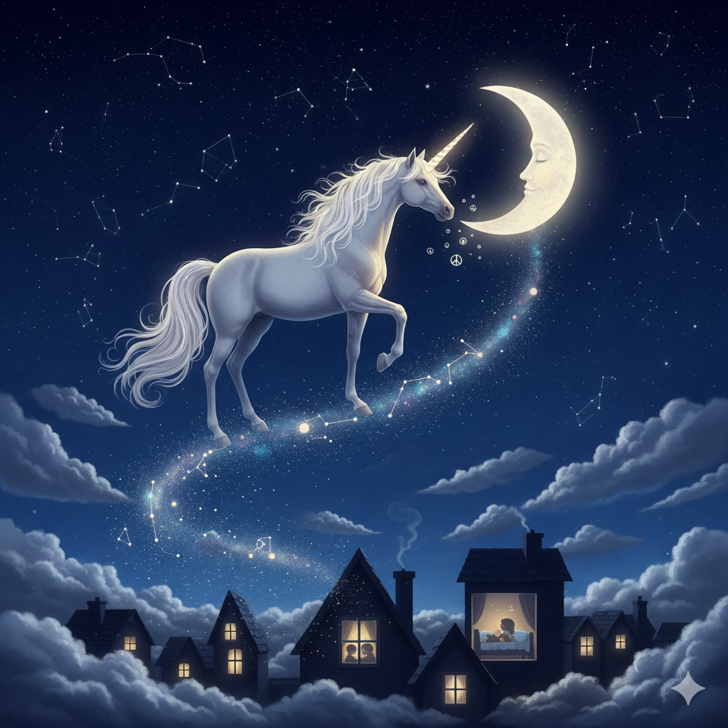 a gentle unicorn appeared under the stars