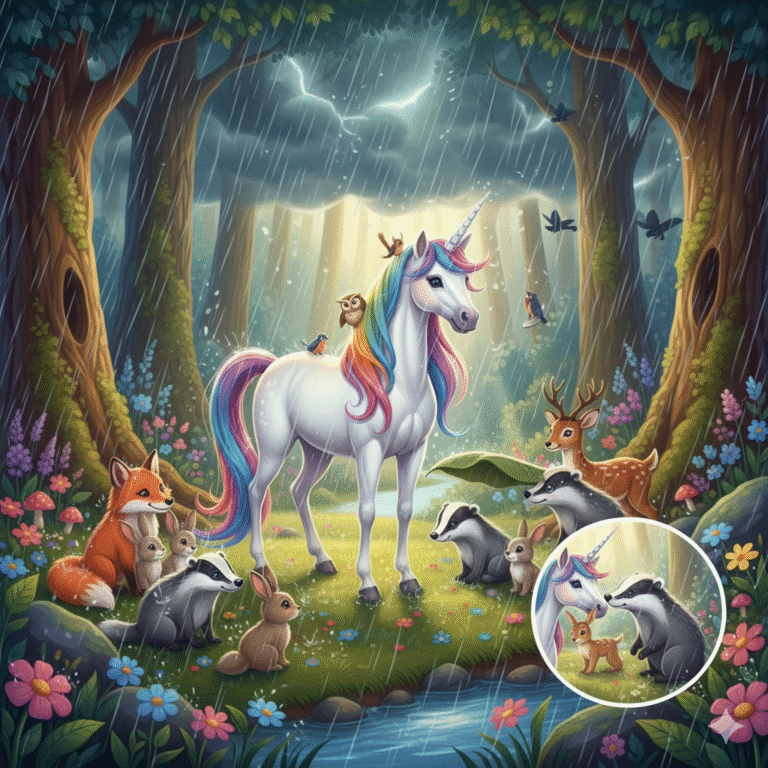 forest facing a storm. Together, all the friends helped one another and stayed strong.