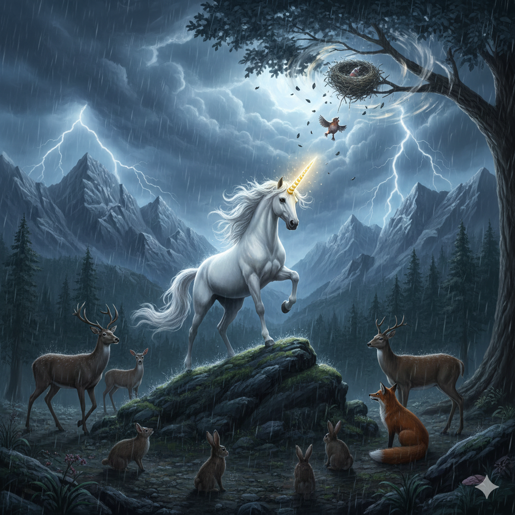a brave unicorn named Leo in a stormy night.