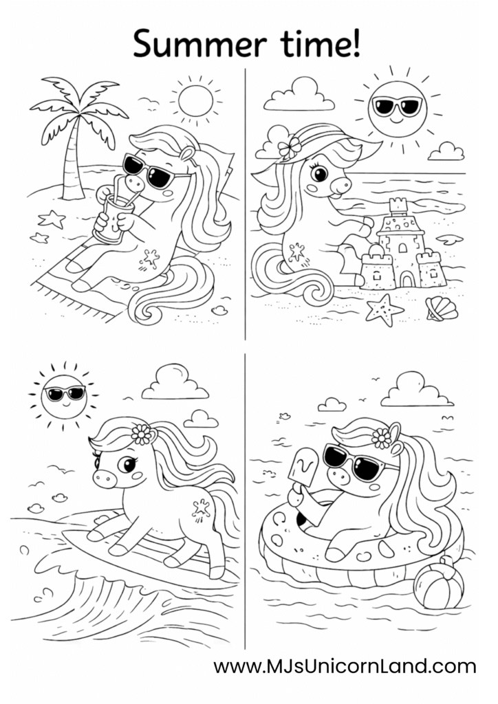 Four summer unicorn coloring scenes featuring beach relaxing, sandcastle building, surfing, and floating in water with sunglasses.