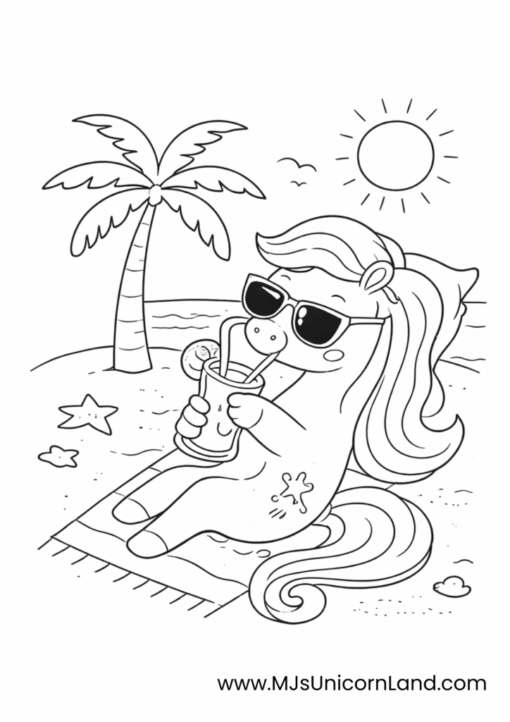 Black and white coloring page of a cute unicorn wearing sunglasses, sitting on a beach mat under a palm tree, holding a glass of juice with a straw, with the sun and birds in the background.