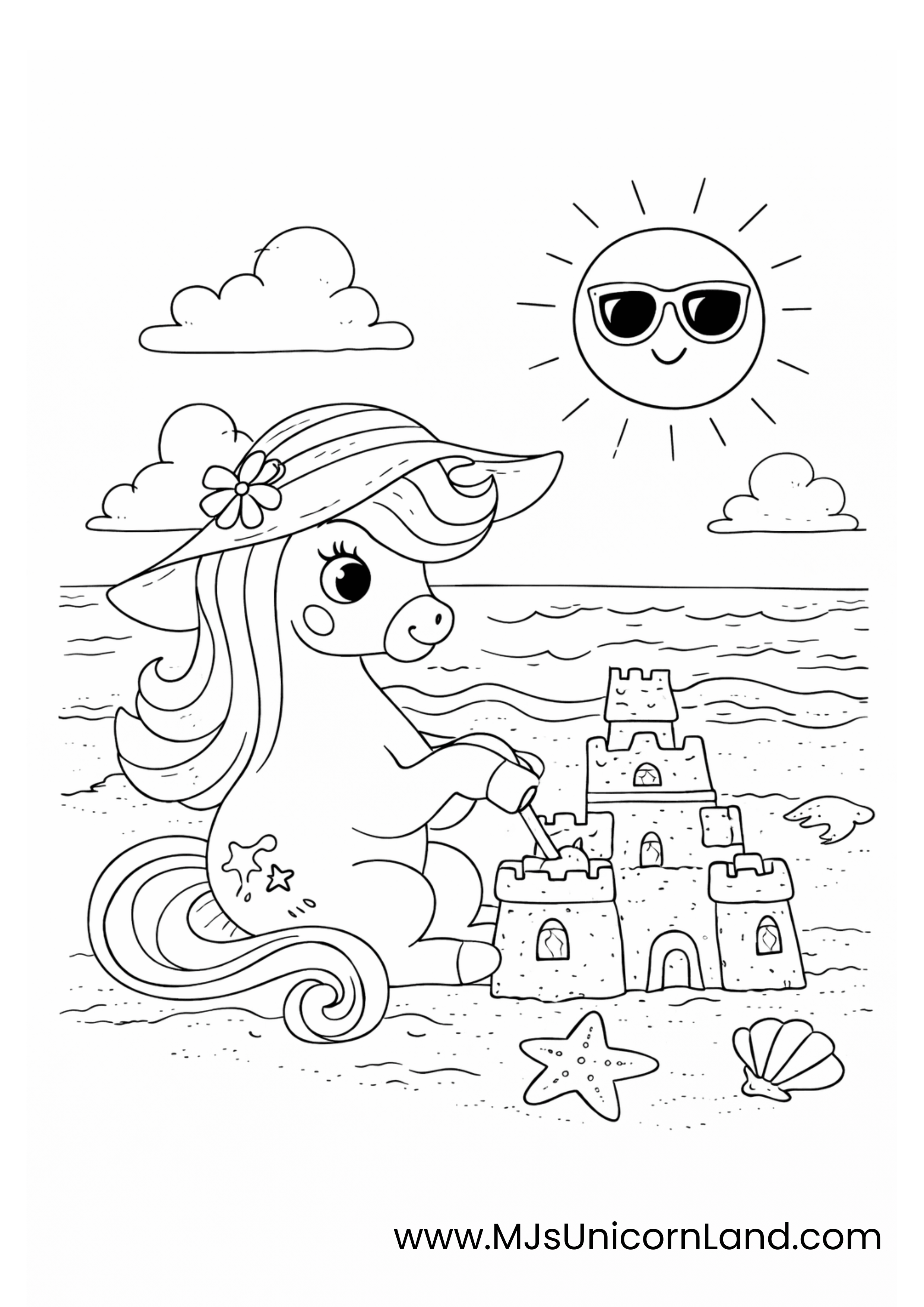 Adorable unicorn wearing a sun hat building a sandcastle on the beach with smiling sun, starfish, and seashell.