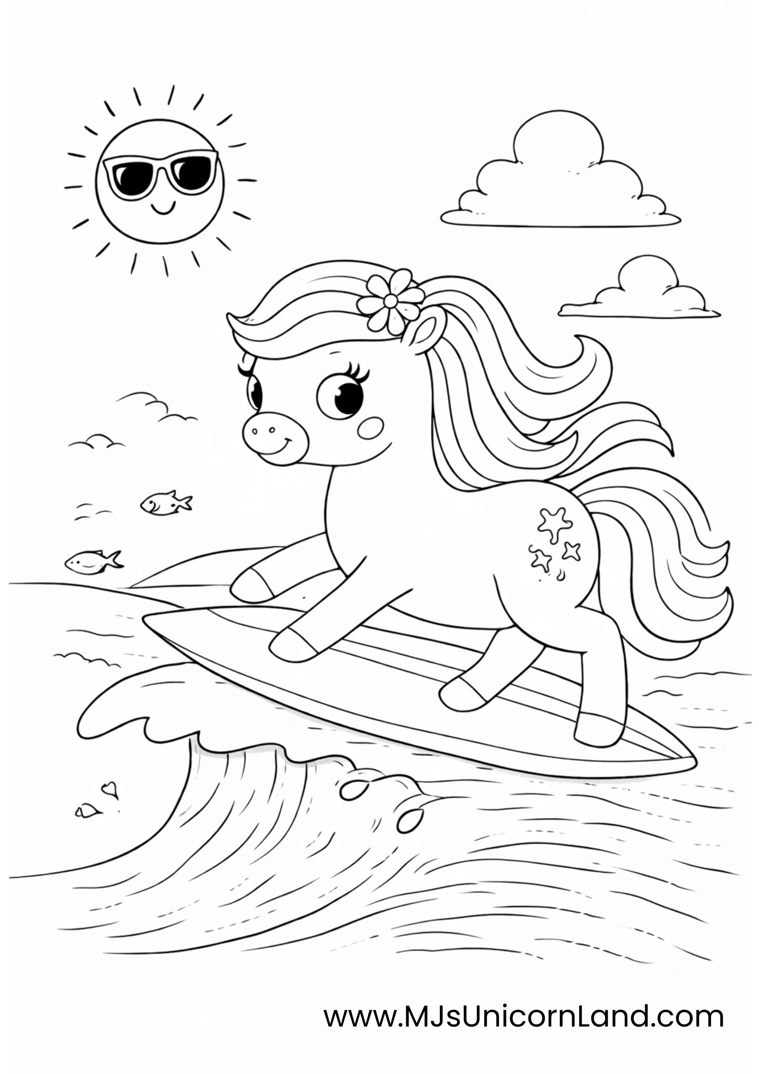 Cute unicorn riding a surfboard on ocean waves with clouds, fish, and smiling sun wearing sunglasses.