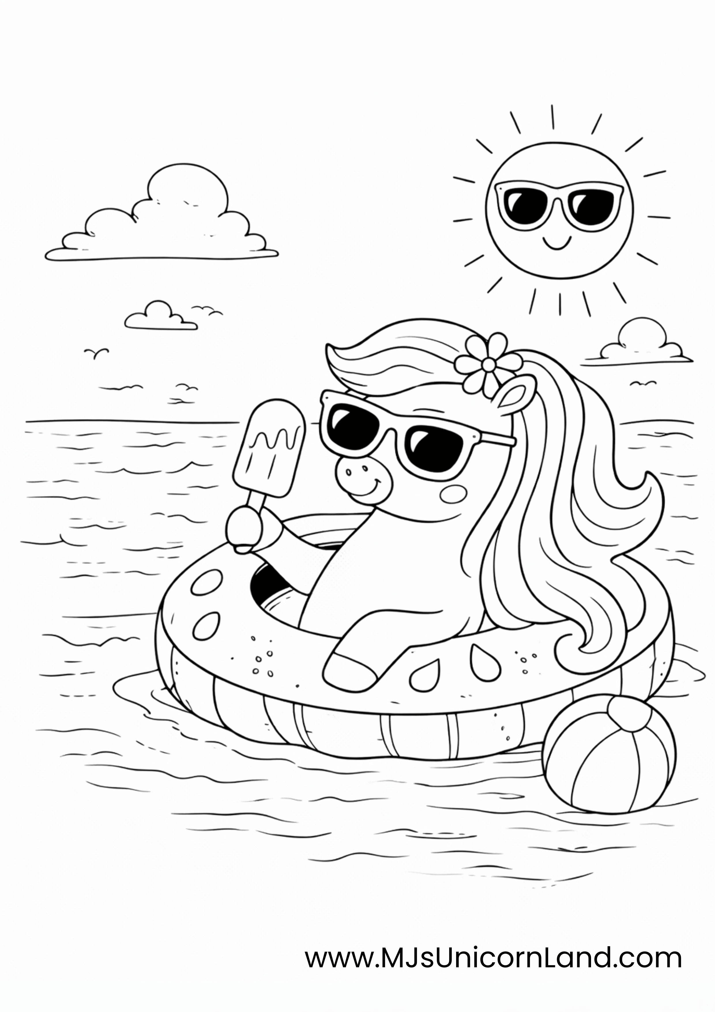 Adorable unicorn wearing sunglasses relaxing in a swim ring while holding a popsicle in the water with beach ball nearby.