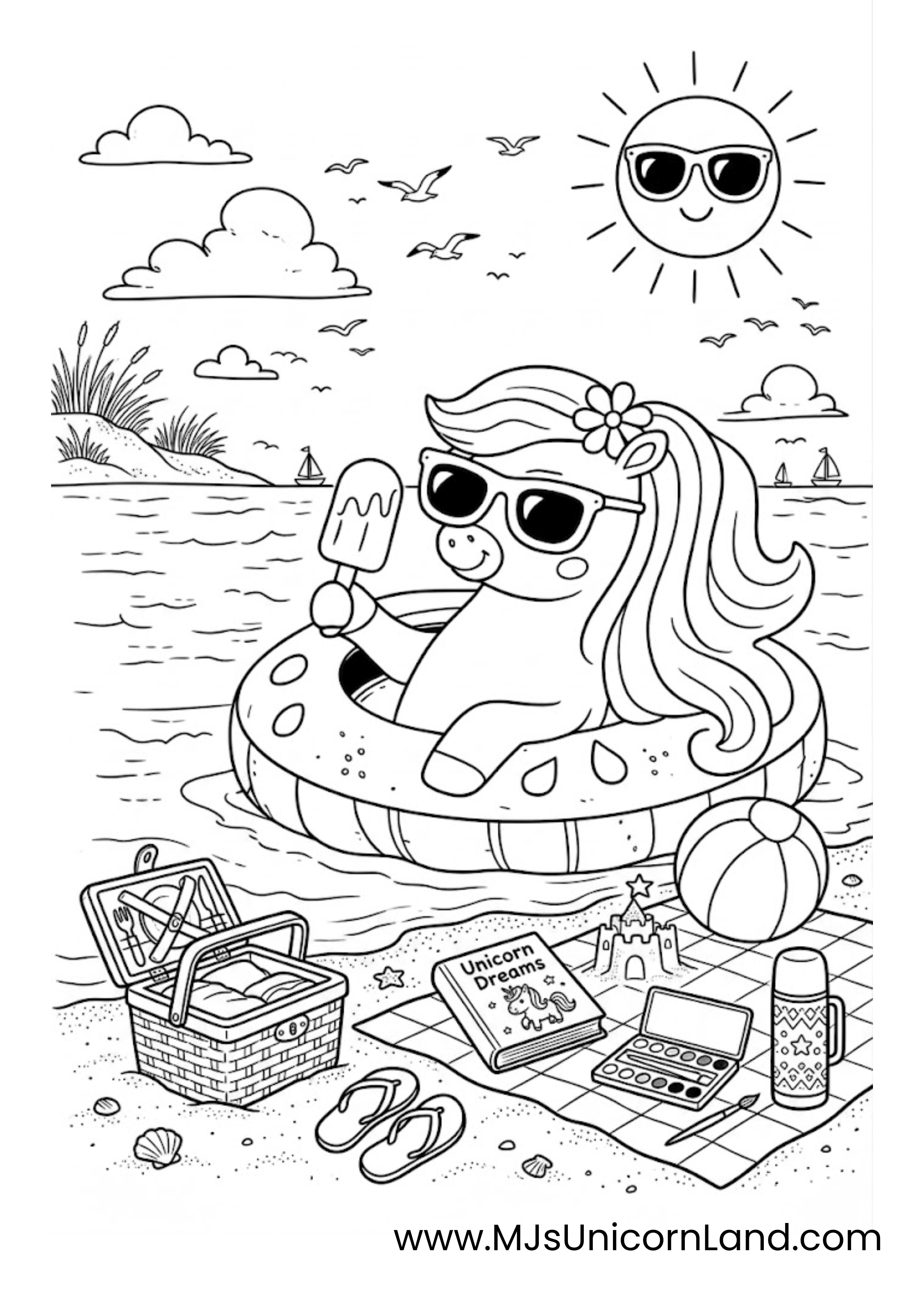  Cute unicorn floating in a swim ring holding a popsicle near a beach picnic setup with basket, flip-flops, book, sandcastle, and beach ball.