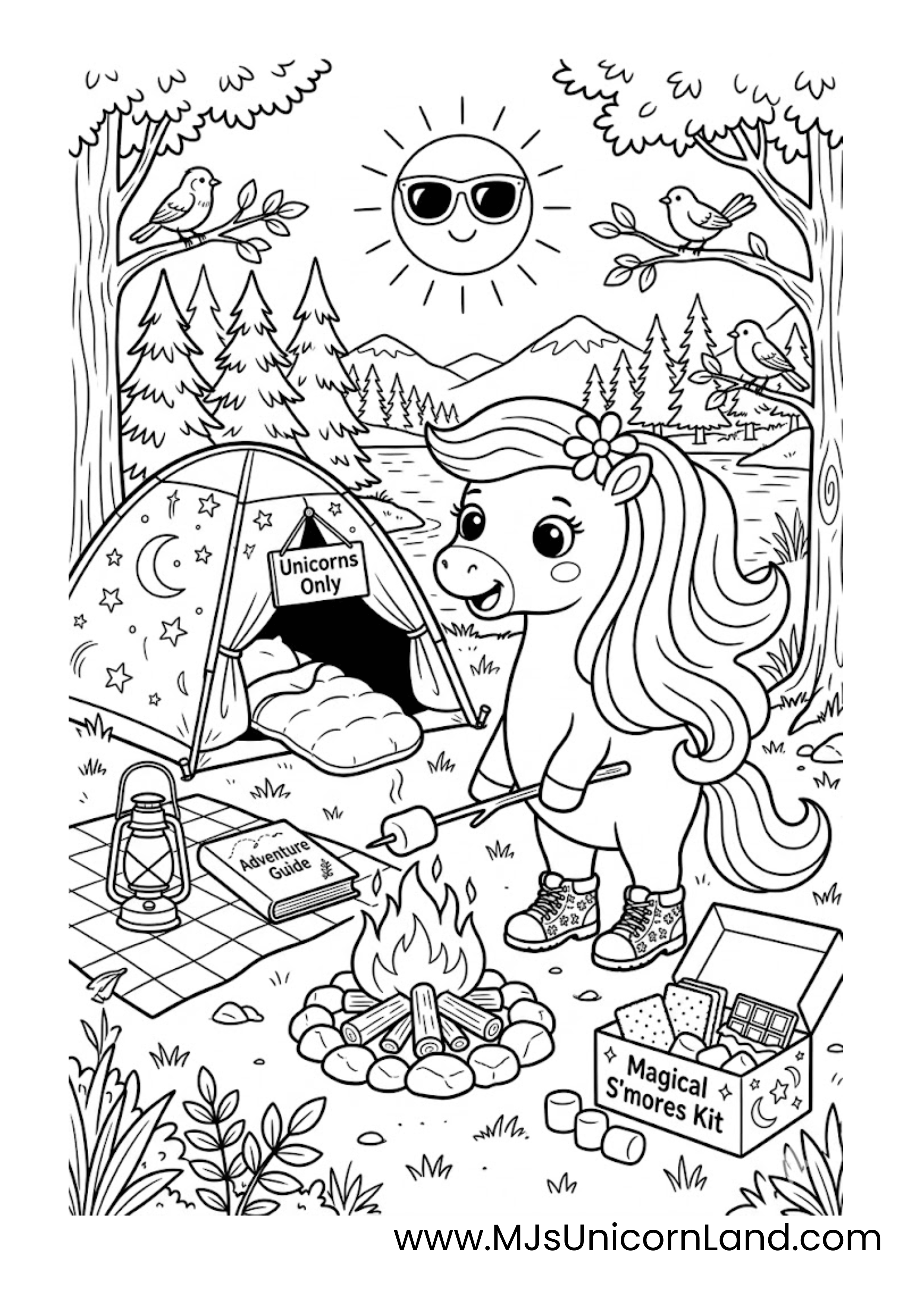 A coloring page featuring a cute unicorn roasting a marshmallow over a campfire. Next to the campfire is a tent labeled "Unicorns Only," an "Adventure Guide" book, and a "Magical S’mores Kit." The background shows a forest, mountains, and a sun wearing sunglasses.