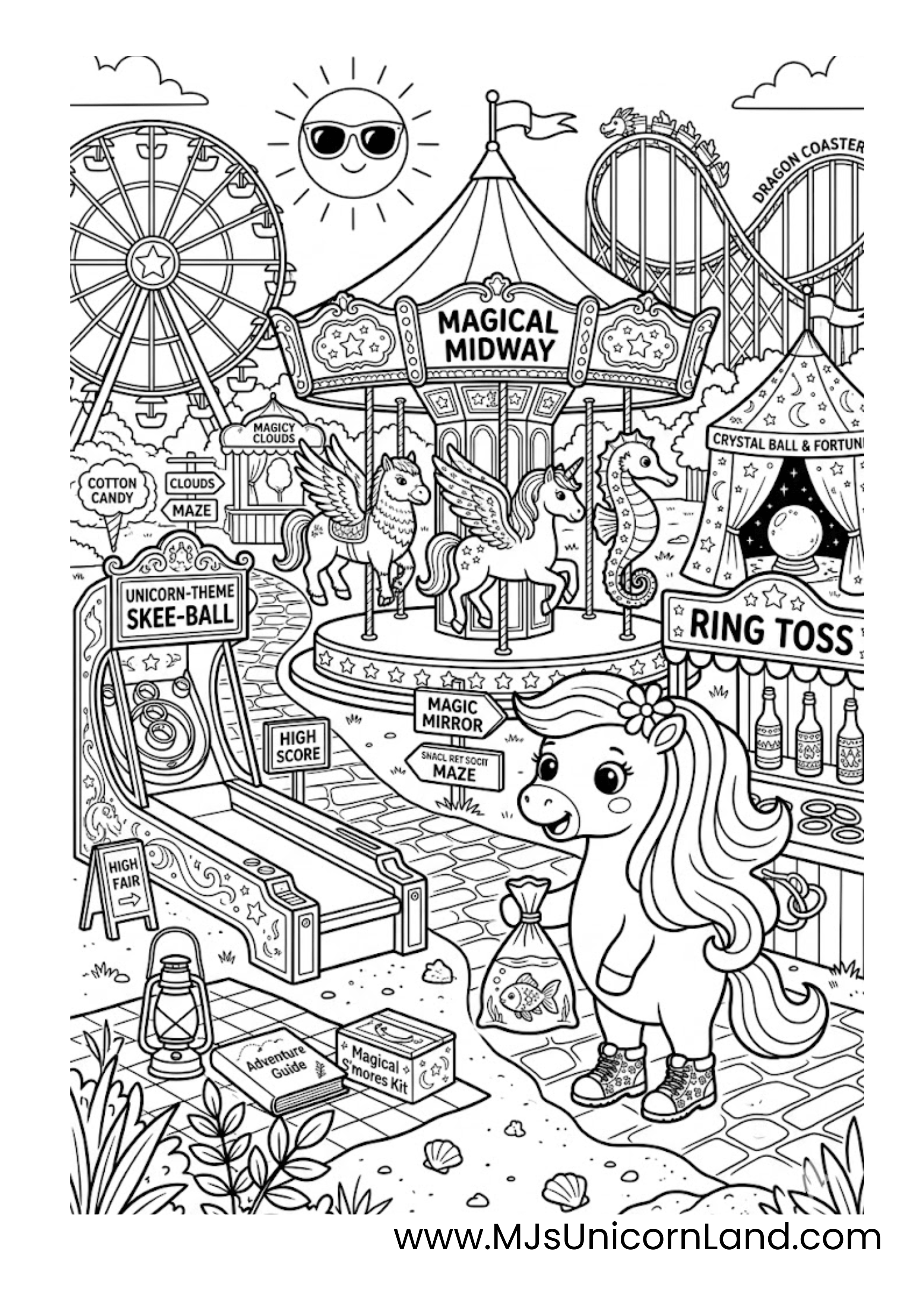 A detailed coloring page of a unicorn at a carnival holding a prize goldfish. The background is filled with attractions including a carousel with winged horses, a Ferris wheel, a roller coaster, and carnival games like Skee-Ball and Ring Toss.