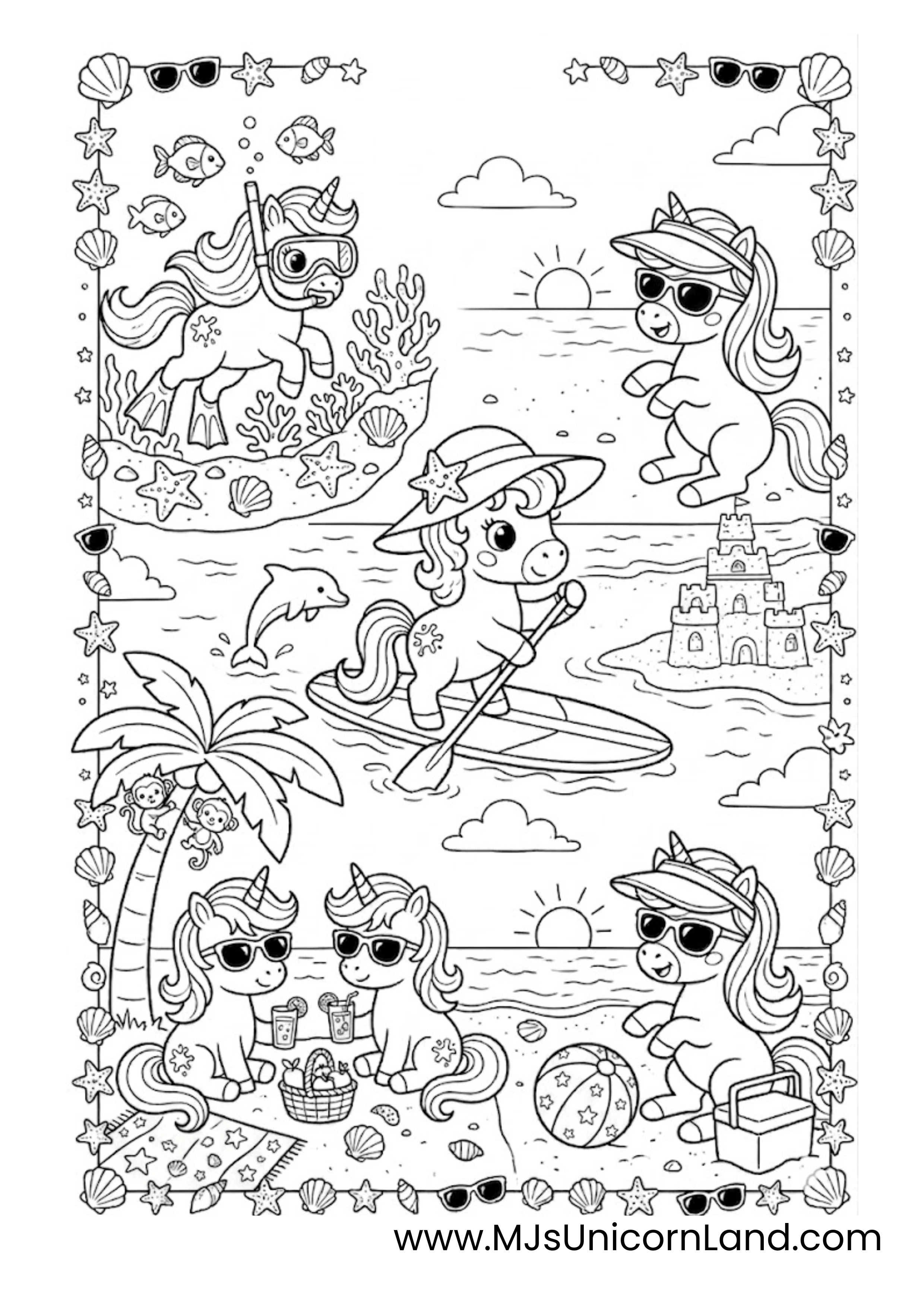A coloring page collage showing unicorns enjoying a tropical beach. Activities include snorkeling through coral reefs, paddleboarding, building sandcastles, and relaxing with cold drinks on a beach blanket.